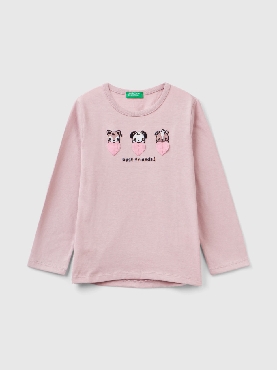 Benetton, T-shirt With Embroidery And Appliques, Pink, Kids