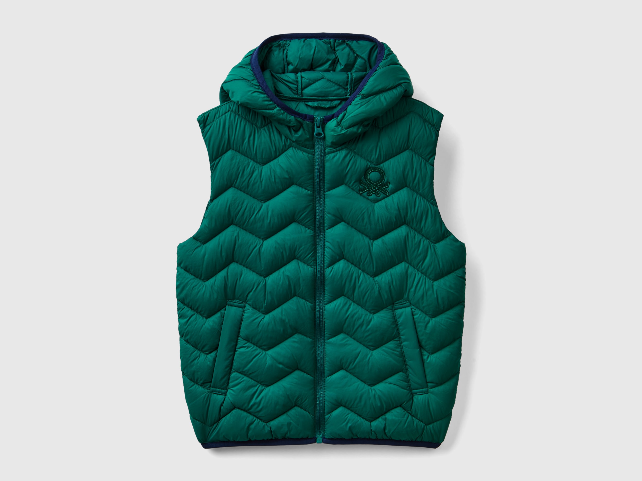Benetton, Gilet Imbottito Con Cappuccio, Verde Scuro, Bambini