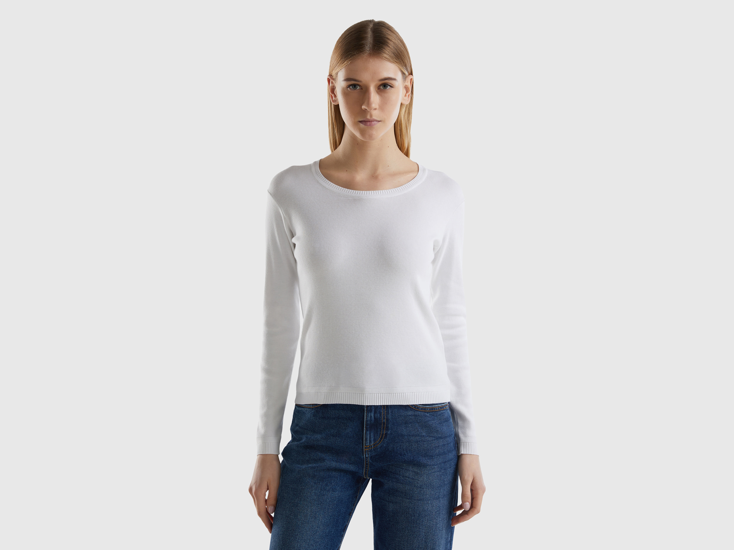 Benetton Online exclusive, Crew Neck Sweater In Pure Cotton, size S, White, Women