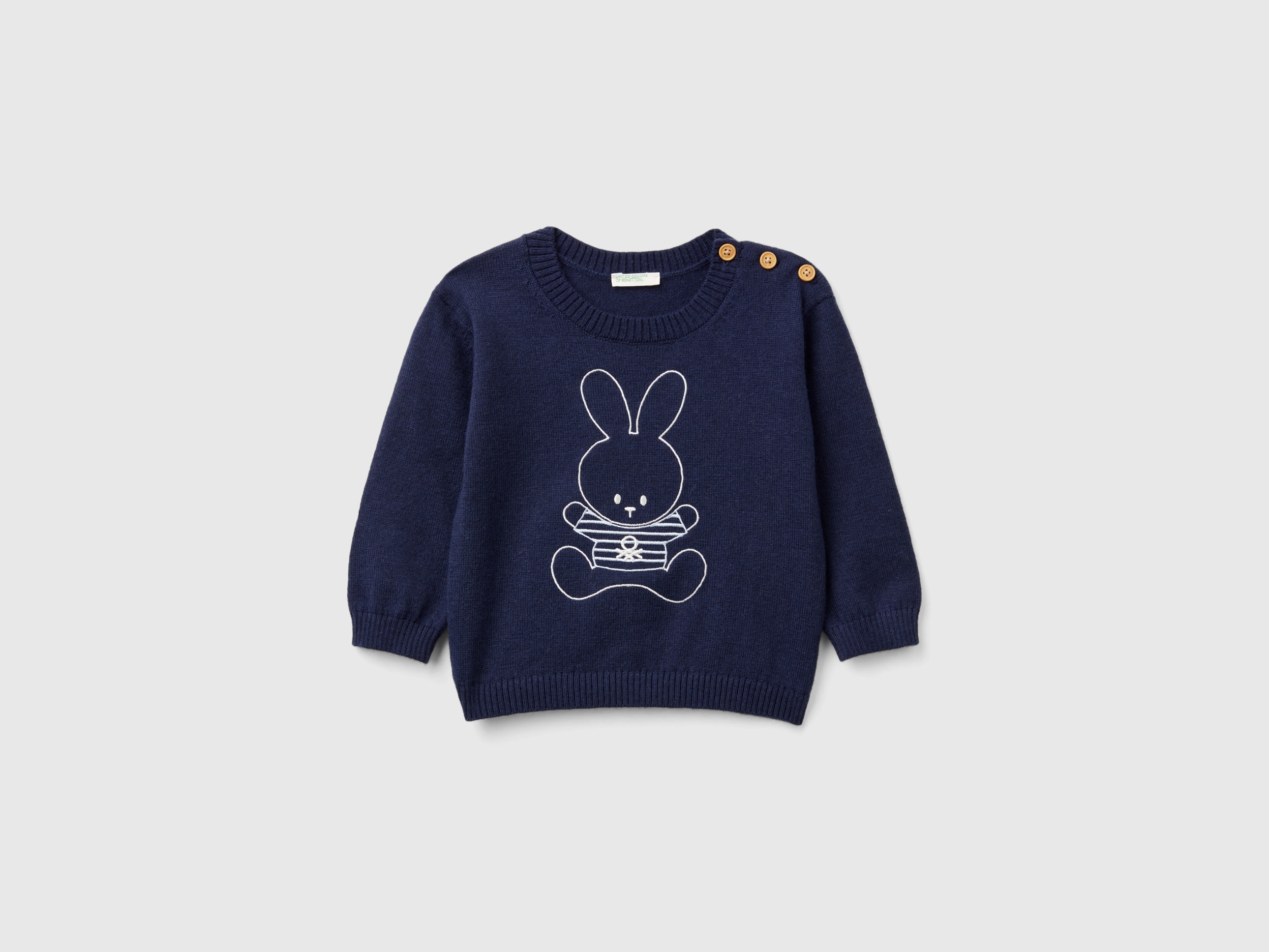 Benetton, Maglia In Misto Lana Con Ricamo, Blu Scuro, Bambini