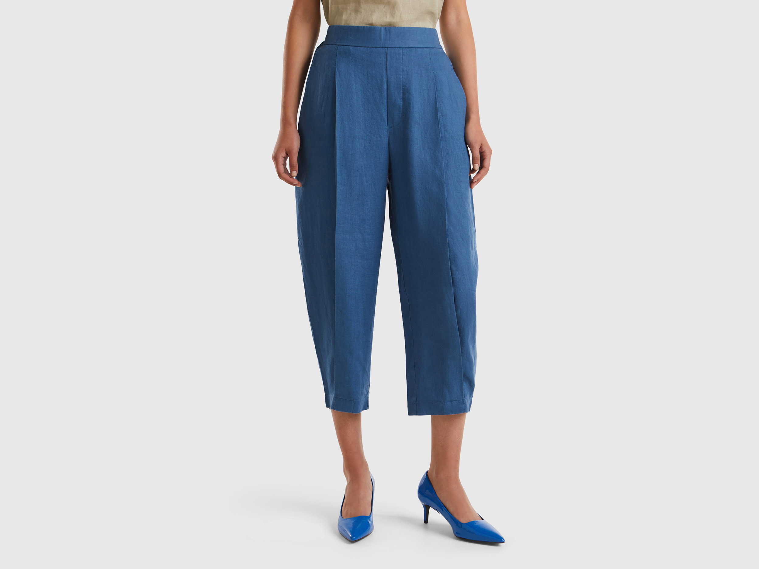 Benetton, Pantaloni Morbidi In Puro Lino, Avio, Donna