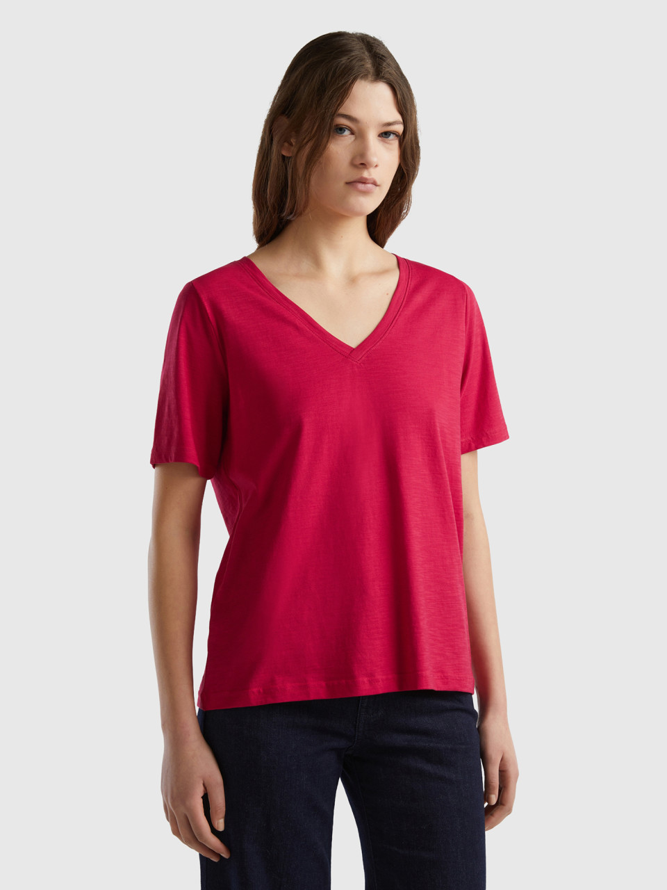 Benetton, V-neck T-shirt In Slub Cotton, Cyclamen, Women