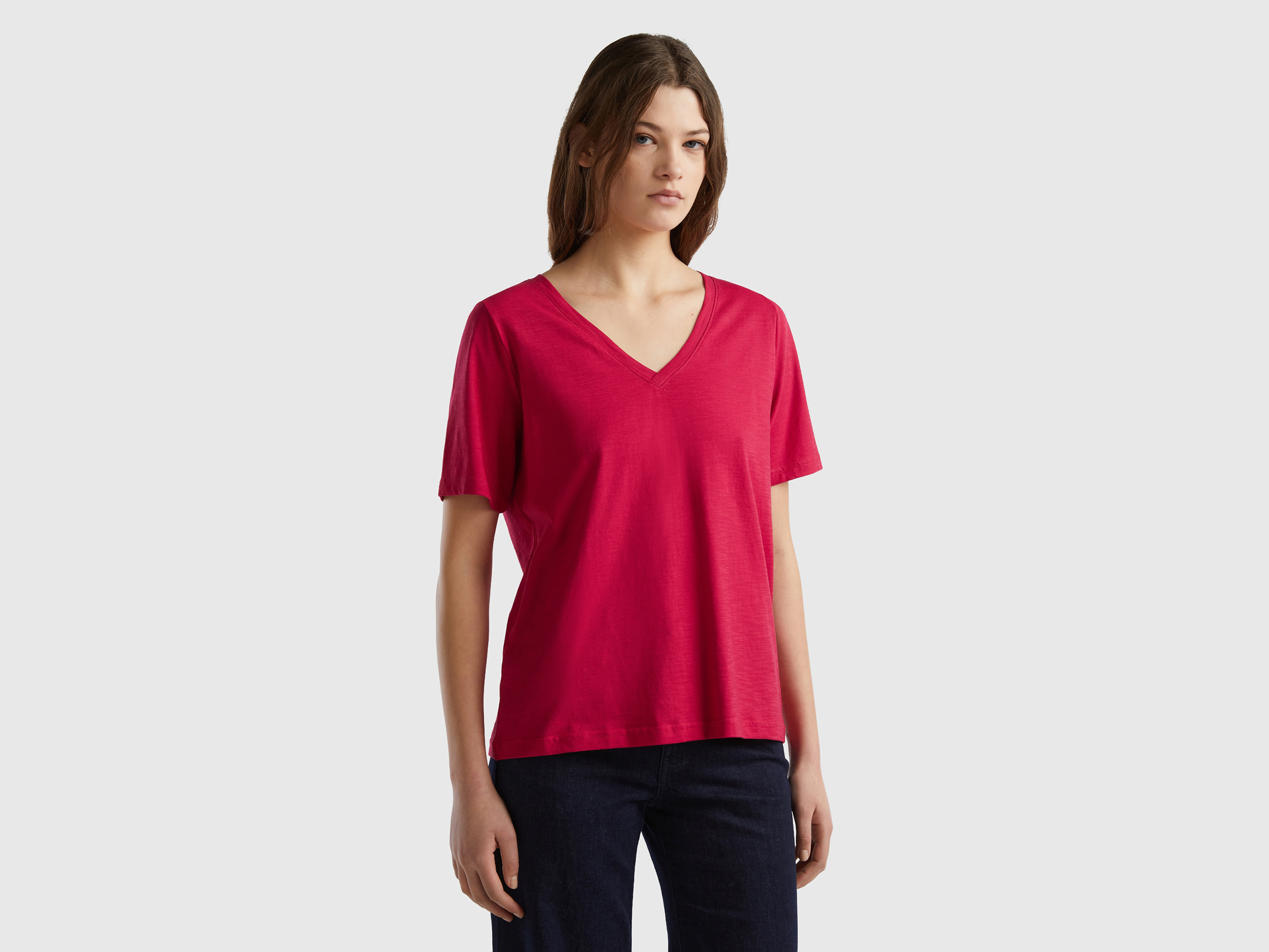 Benetton, V-neck T-shirt In Slub Cotton, size XXS, Cyclamen, Women