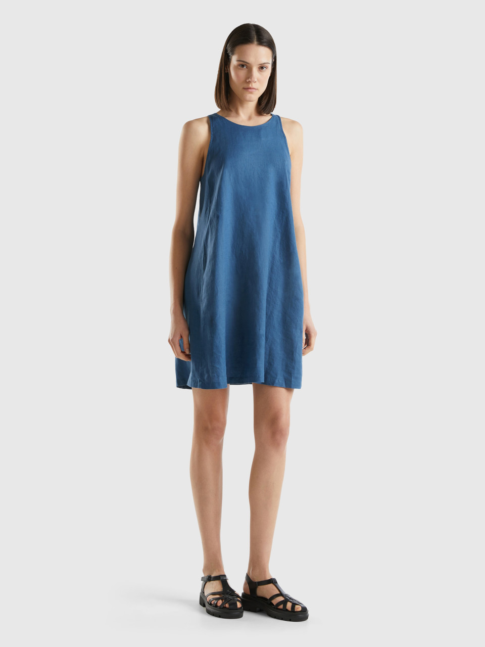 Benetton, Sleeveless Dress In Pure Linen, Blue, Women