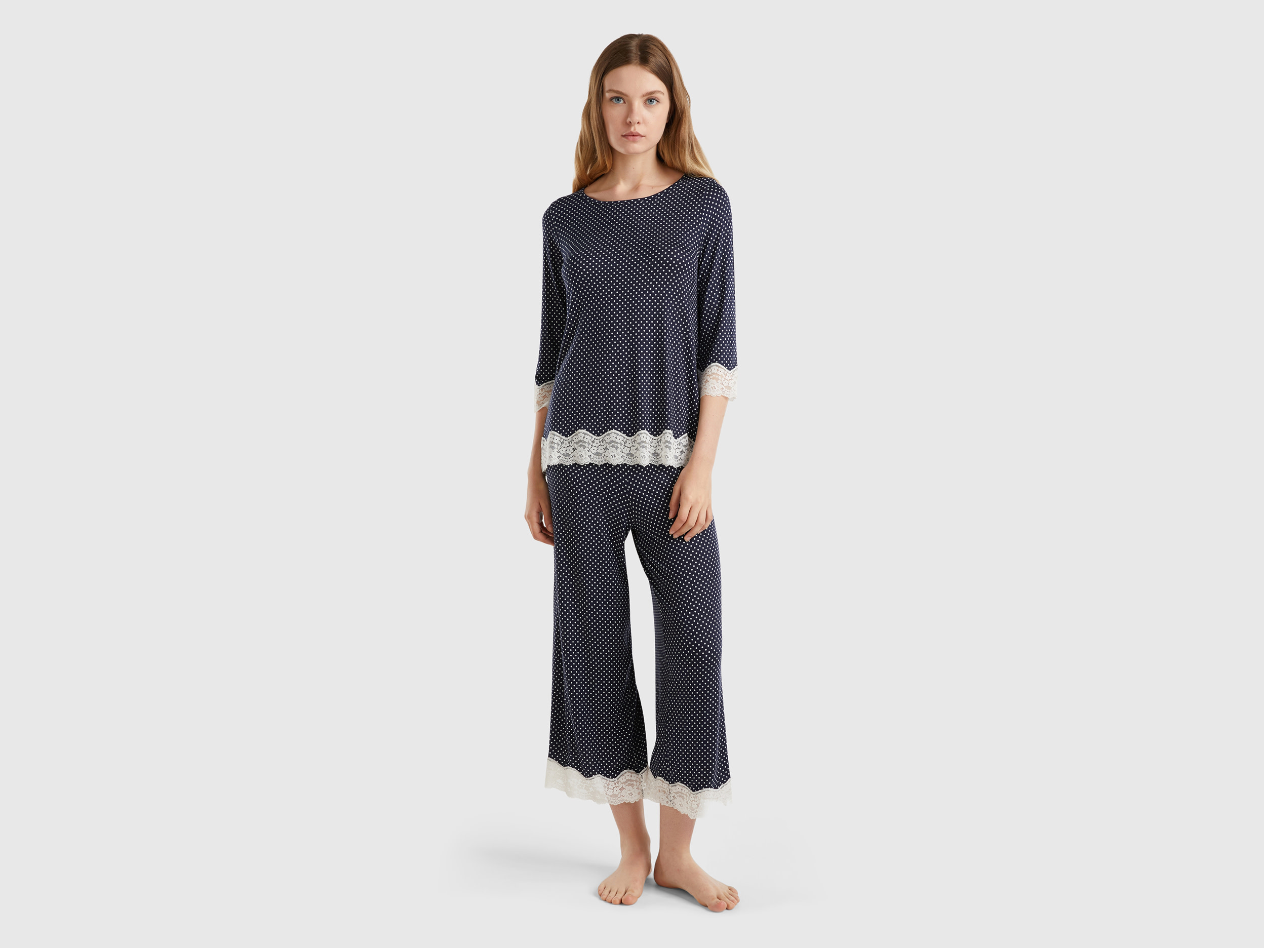 Benetton, T-shirt A Pois Con Dettagli In Pizzo, Blu, Donna