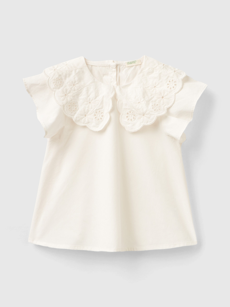 Benetton, Blouse With Embroidered Collar, Creamy White, Kids
