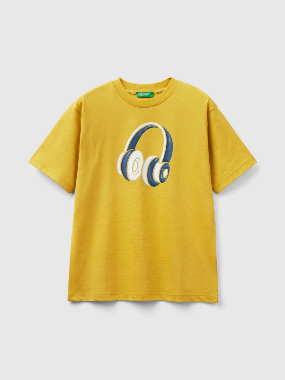 Benetton, Camiseta De Cuello Redondo De Algodón Orgánico, Mostaza, Niños