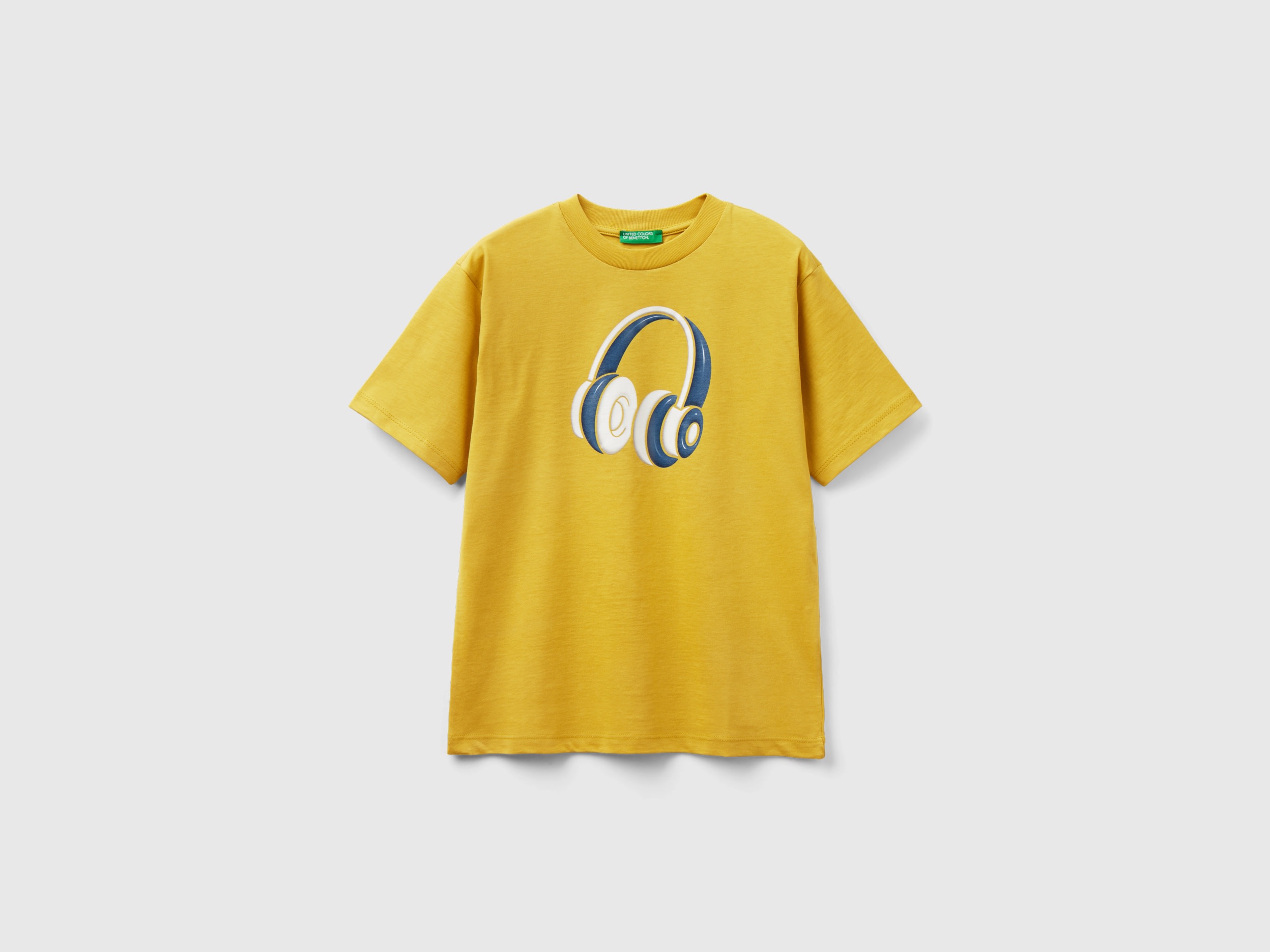 Image of Benetton, Crew Neck T-shirt In Organic Cotton, size XL, Mustard, Kids