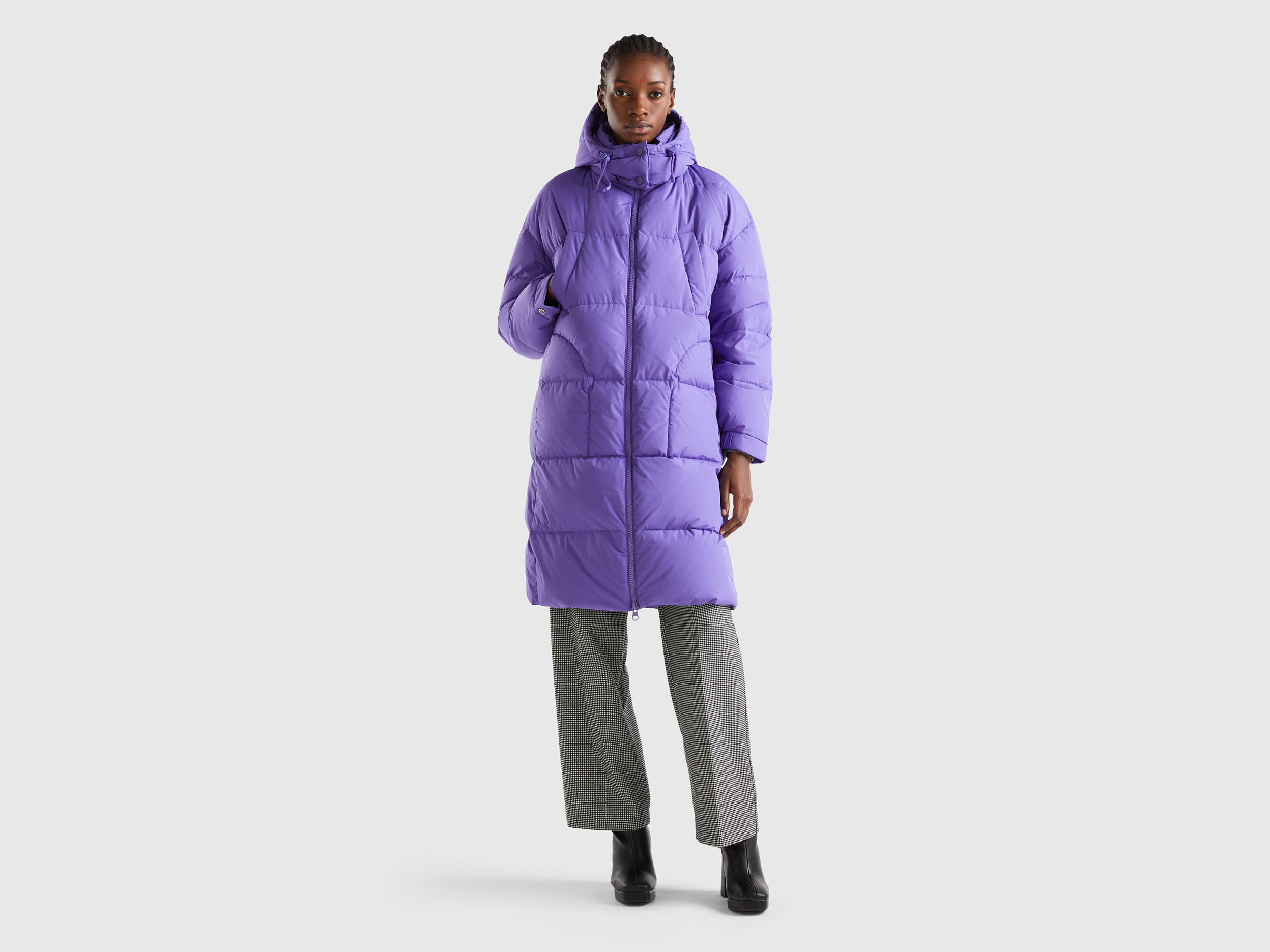 Benetton, Long Padded Jacket With Removable Hood, size M, Violet, Women