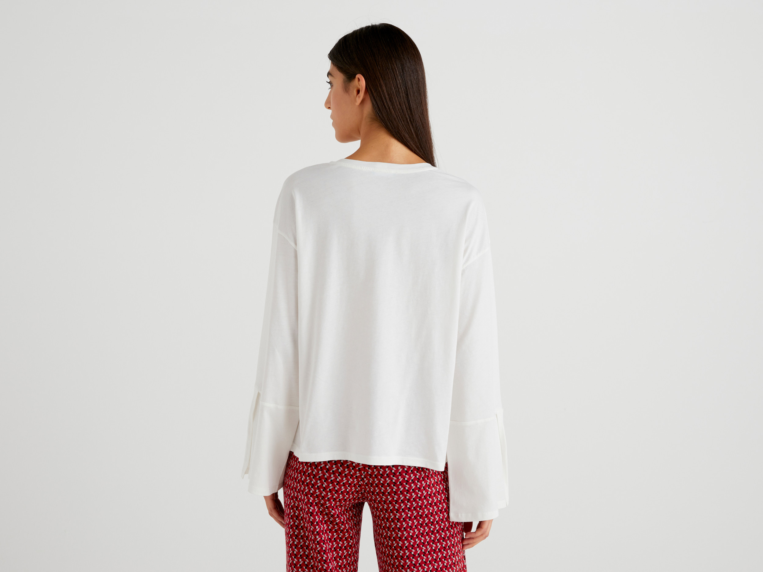 Benetton, Wide Sleeve T-Shirt In Long Fiber Cotton, Taglia L, Creamy White, Women