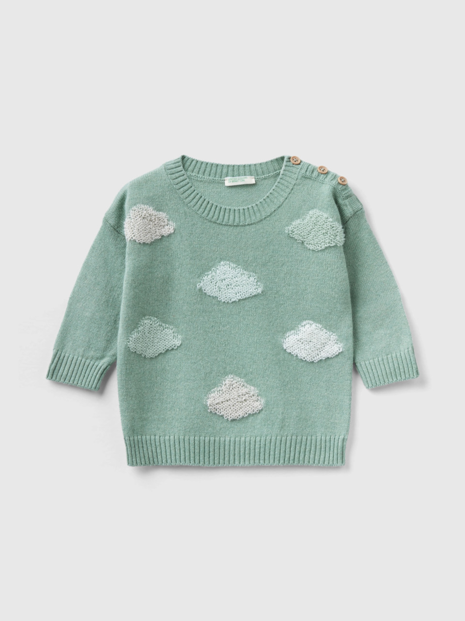 Benetton, Sweater With Clouds In Recycled Wool Blend, Aqua, Kids