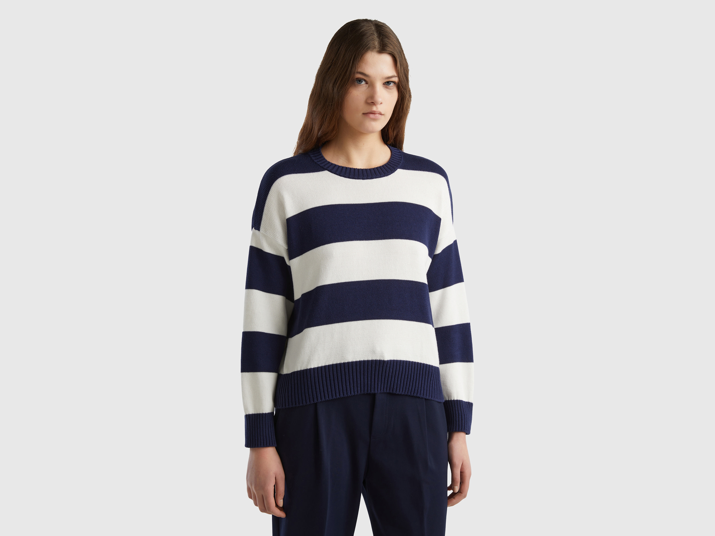 Benetton, Striped Sweater In Tricot Cotton, size XS, Dark Blue, Women