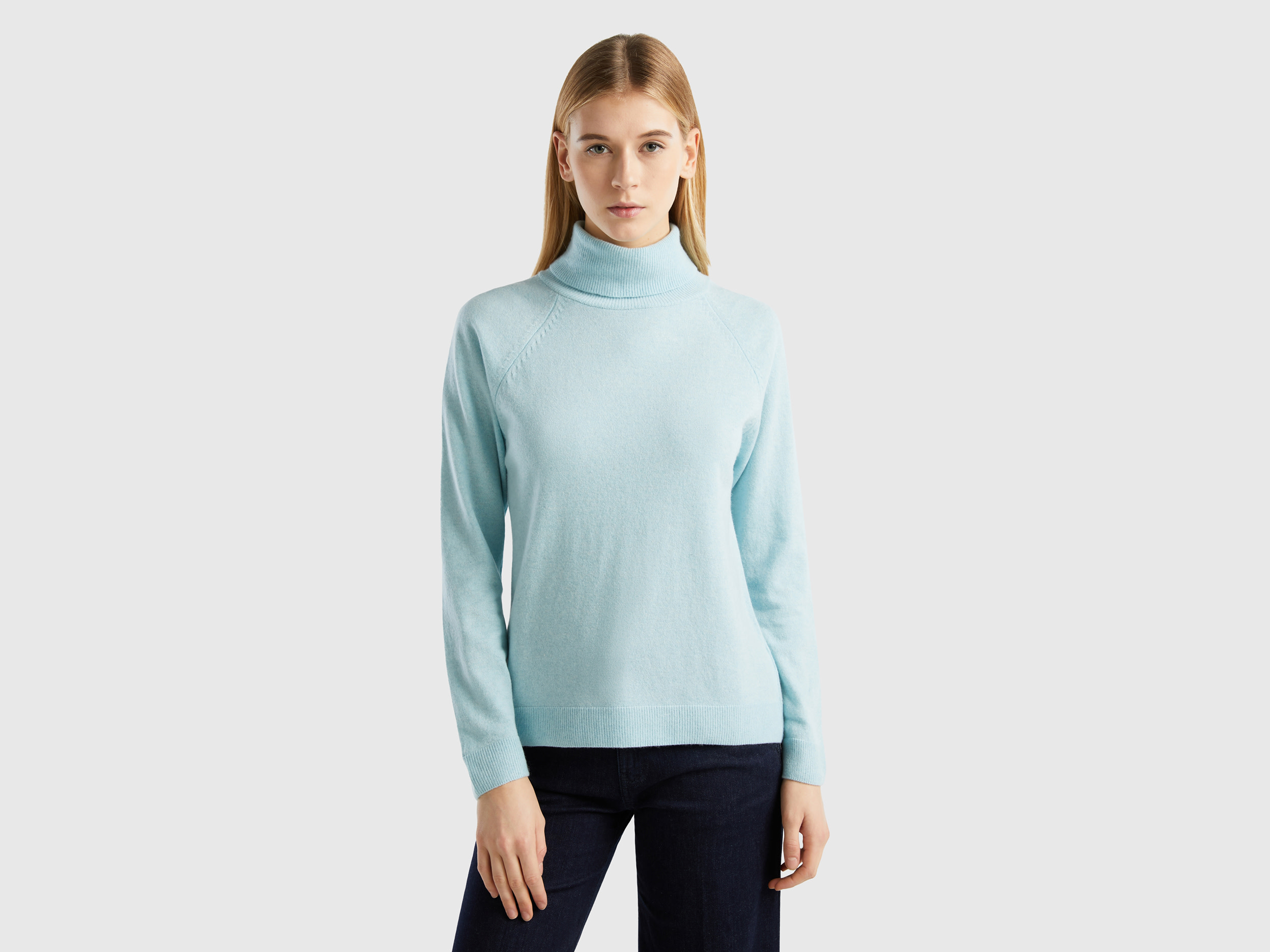 Benetton, Light Gray Turtleneck Sweater In Cashmere And Wool Blend, size M, Light Gray, Women