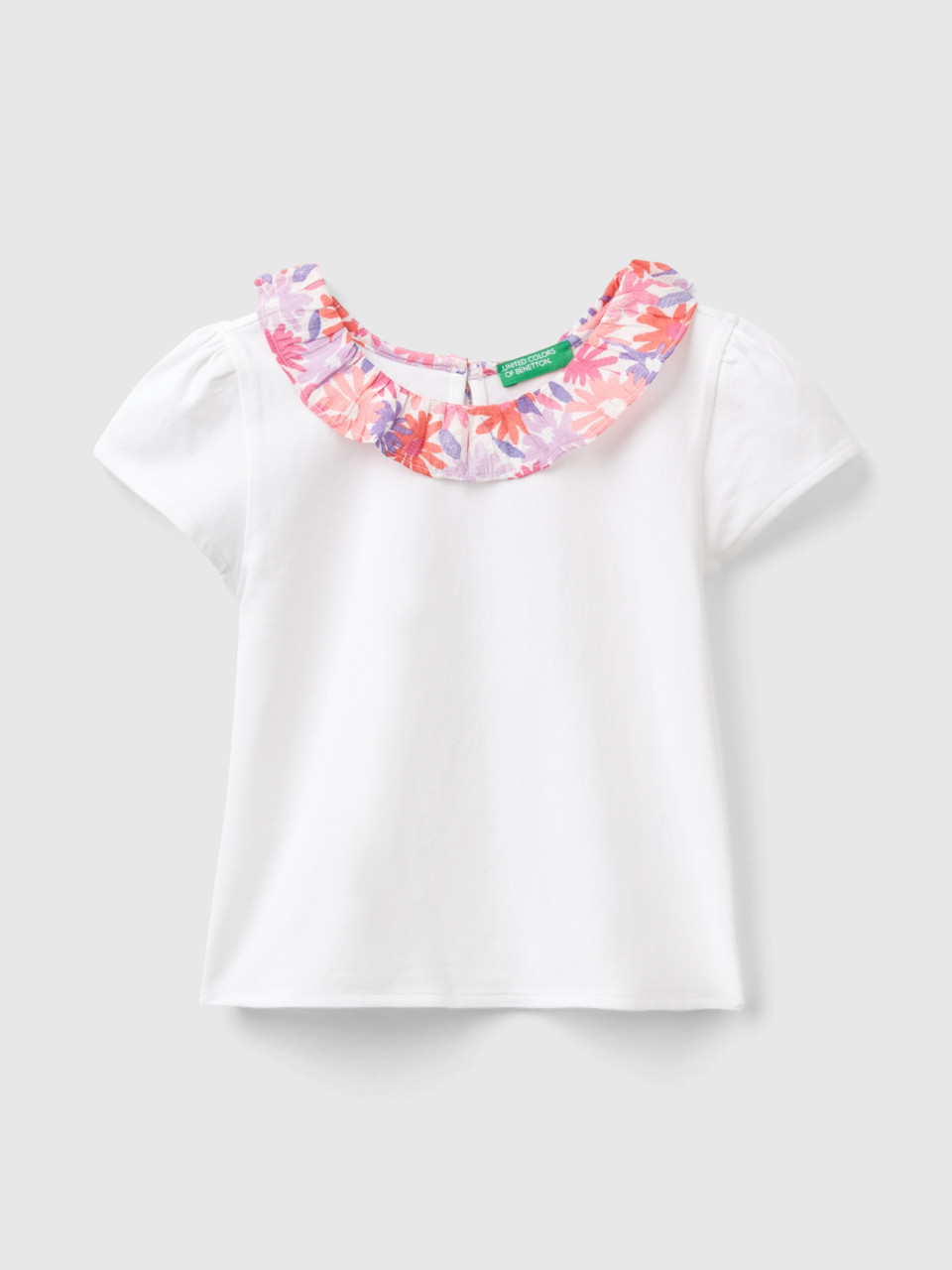 Benetton, Camiseta Con Cuello Floral, Blanco, Niños