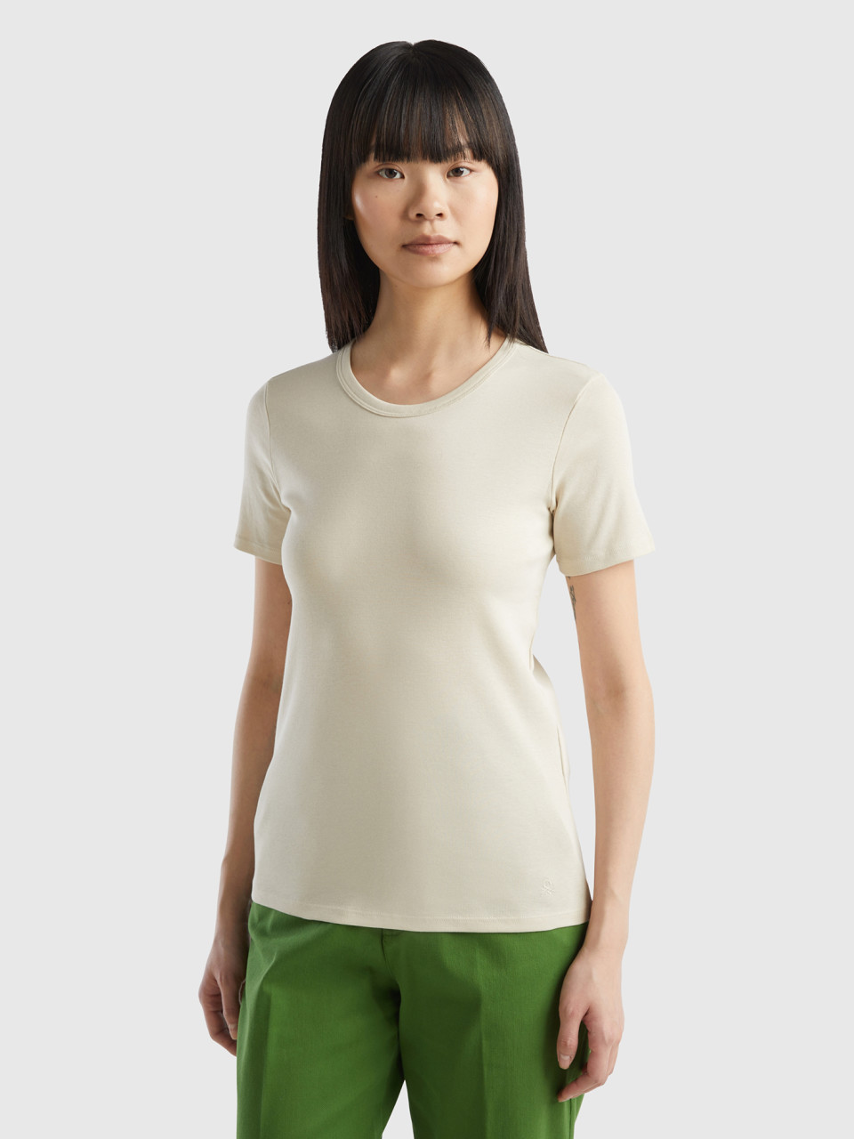 Benetton, T-shirt En Coton Longues Fibres, Beige, Femme