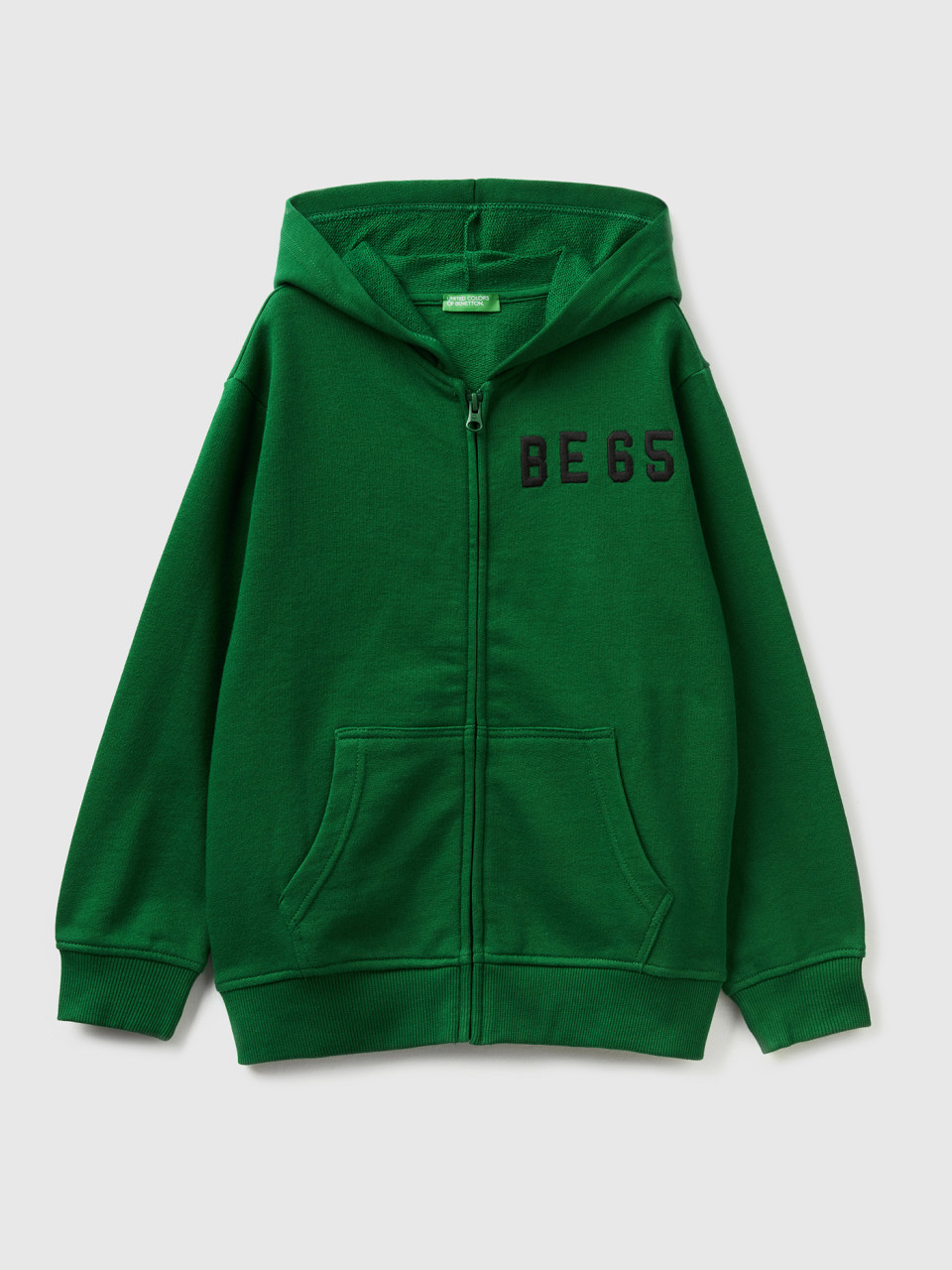 Benetton, Hoodie With Zip And Embroidered Logo, Green, Kids