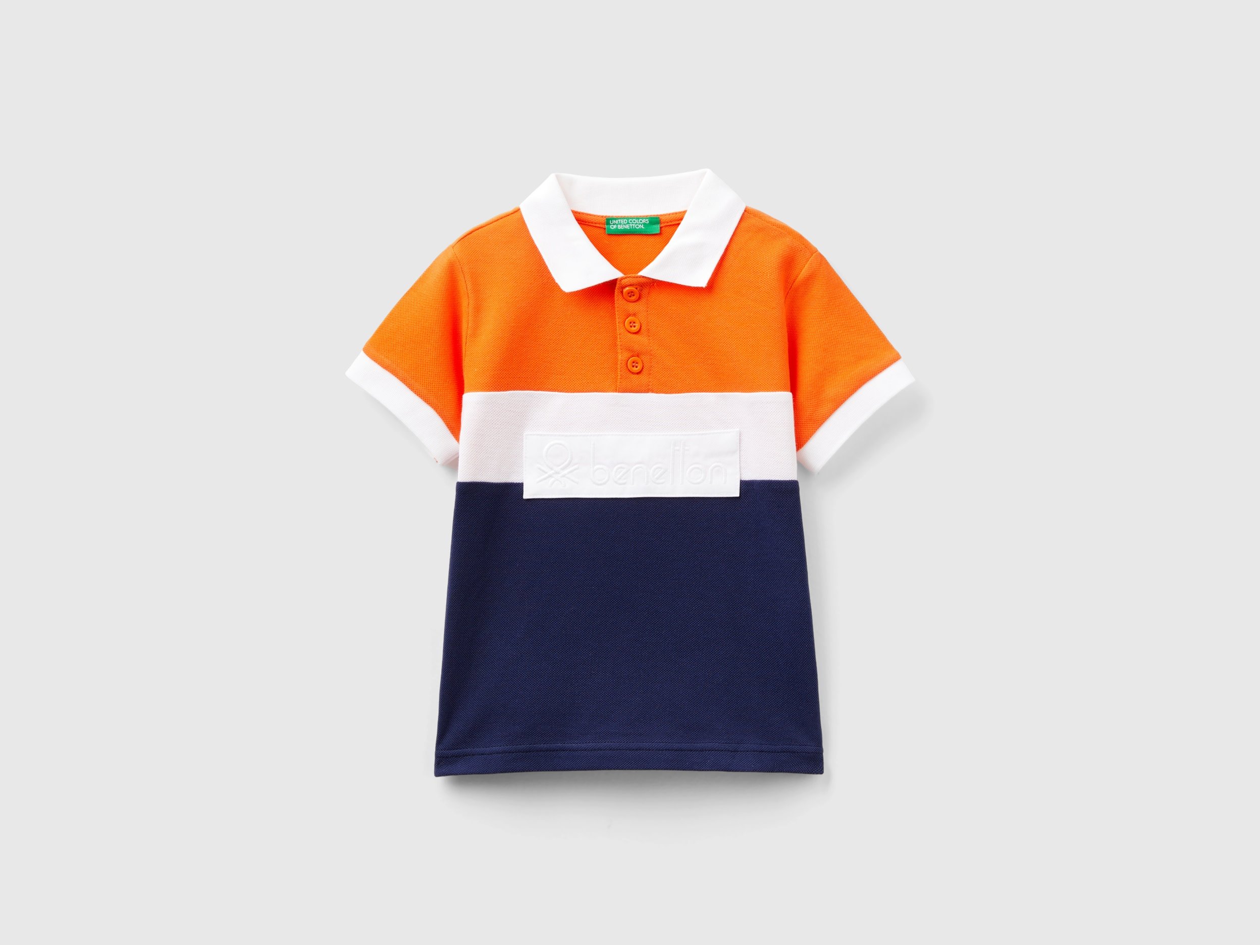Image of Benetton, Color Block Polo Shirt With Patch, size 90, Orange, Kids