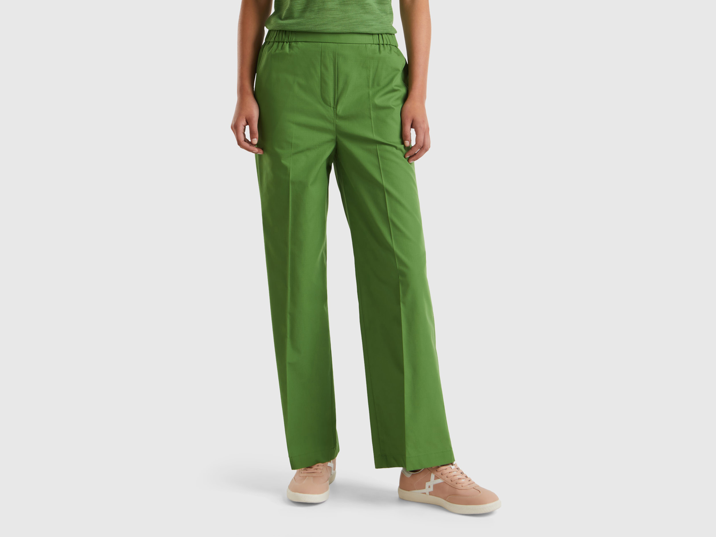 Benetton, Pantaloni Con Elastico In Vita, Verde Militare, Donna