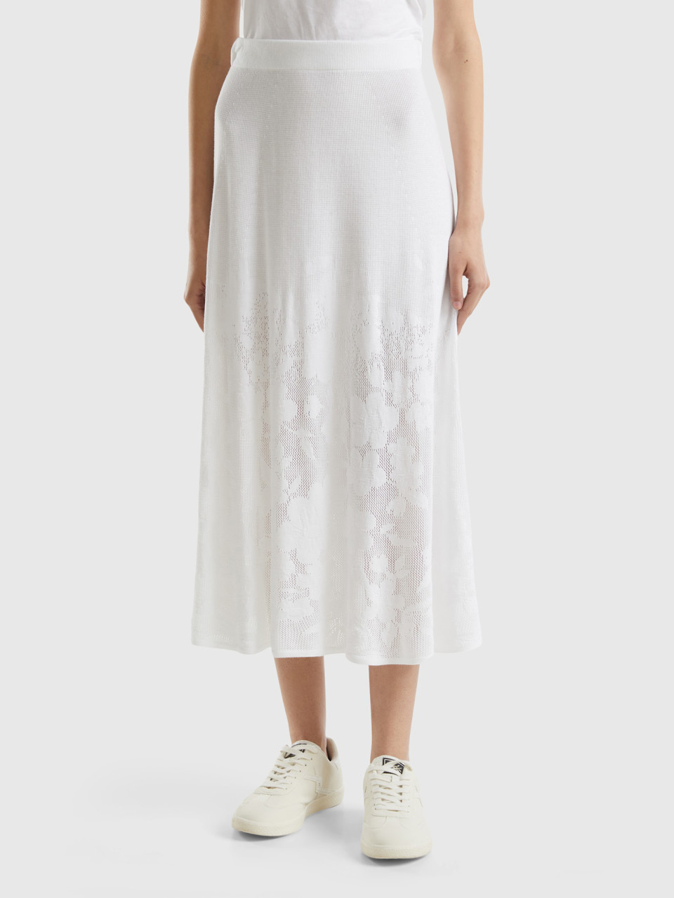 Benetton, Skirt With Floral Motif, White, Women
