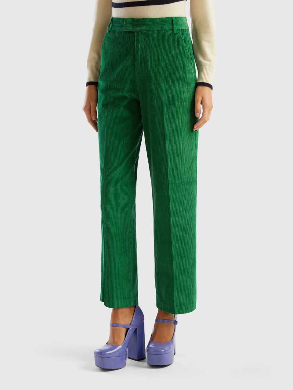 Benetton, Straight Corduroy Trousers, Green, Women