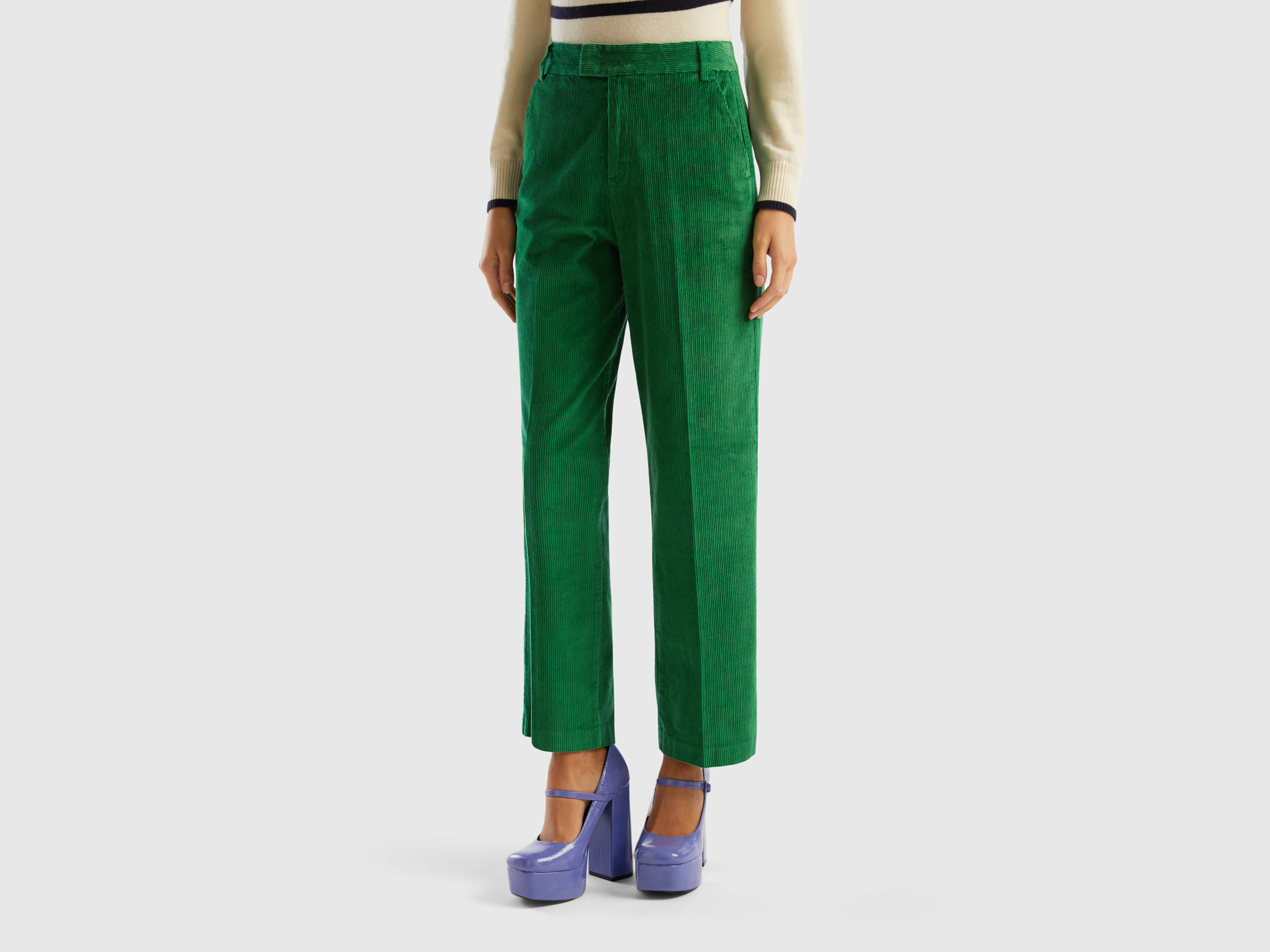 Benetton, Straight Corduroy Trousers, size 12, Green, Women