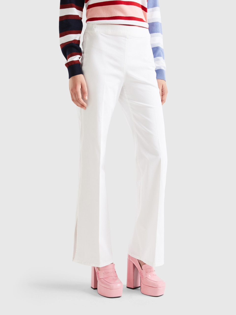 Benetton, Flared Trousers With Slits, White, Women