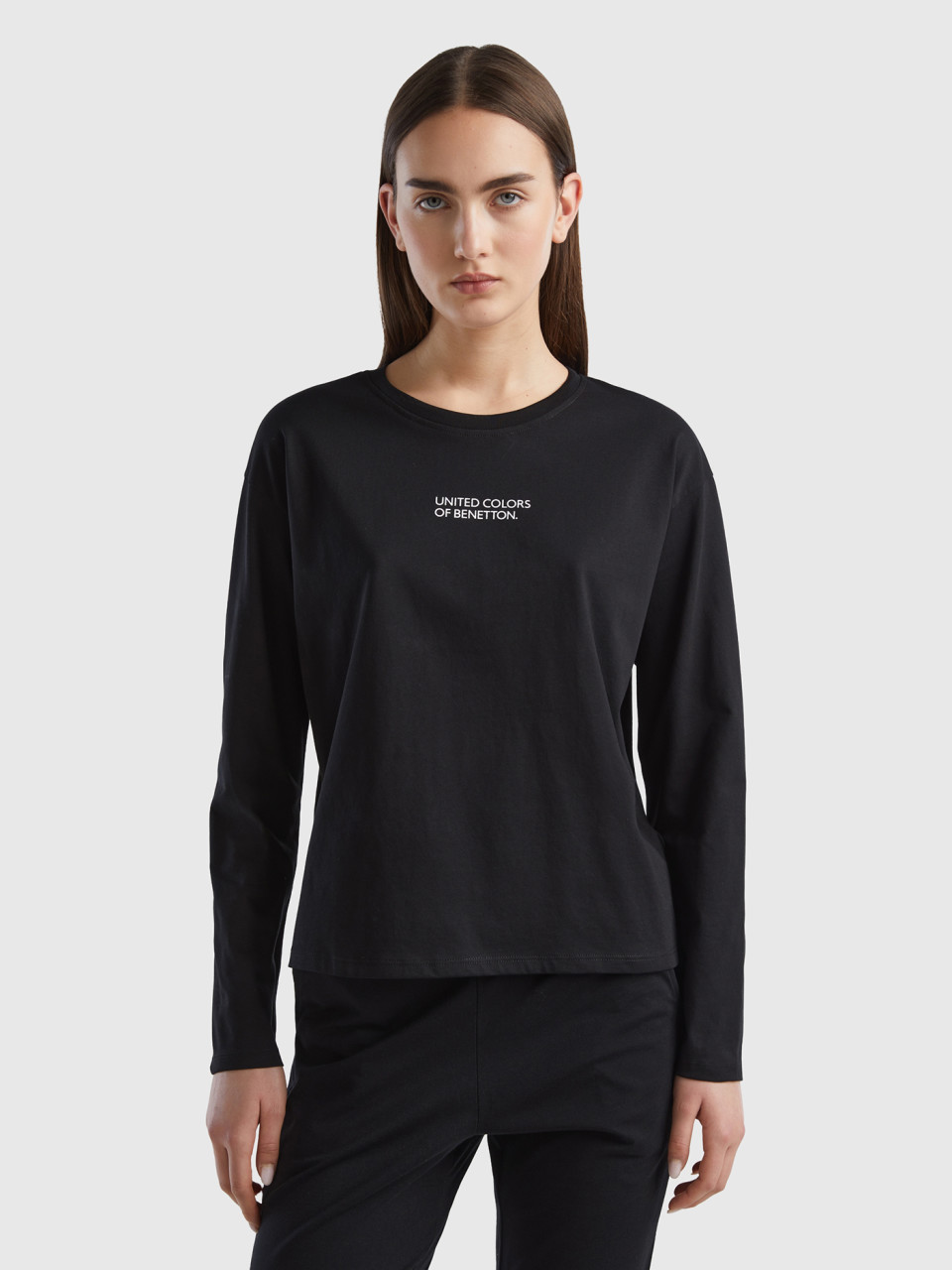 Benetton, Camiseta Con Estampado De Logotipo, Negro, Mujer