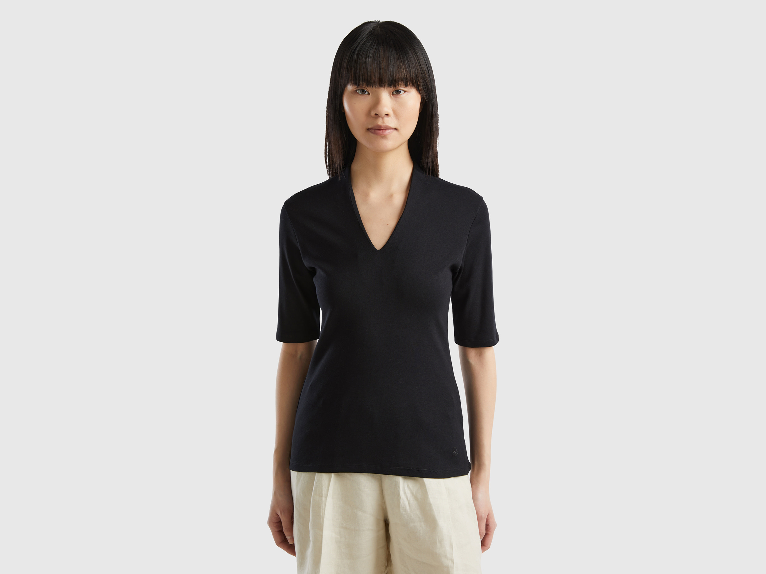 Benetton, T-shirt Slim Fit In Cotone A Fibra Lunga, Nero, Donna