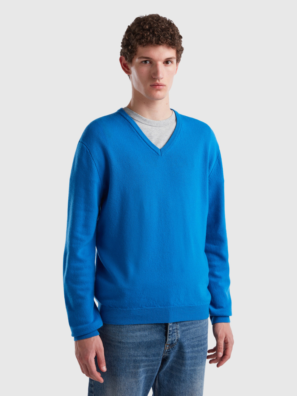 Benetton, Cornflower Blue V-neck Sweater In Pure Merino Wool, Bright Blue, Men