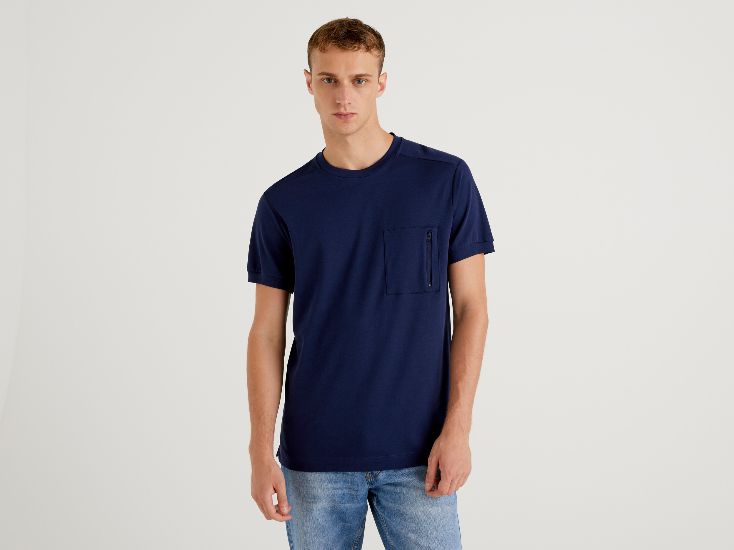 Benetton, T shirt Con Taschino Zippato, Blu Scuro, Uomo