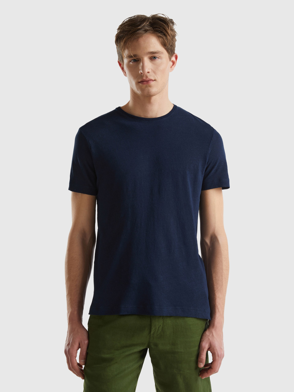 Benetton, Camiseta De Lino Mixto, Azul Oscuro, Hombre
