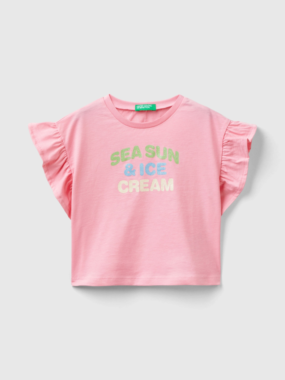 Benetton, T-shirt With Ice-cream Print And Glitter, Pink, Kids