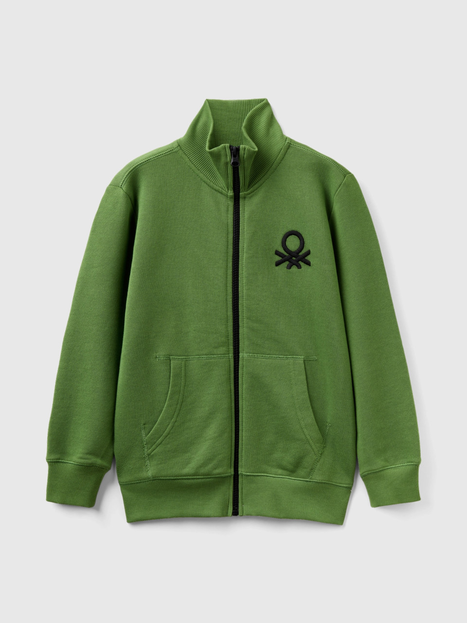 Benetton, Pure Cotton Sweatshirt With Zipper, Military Green, Kids