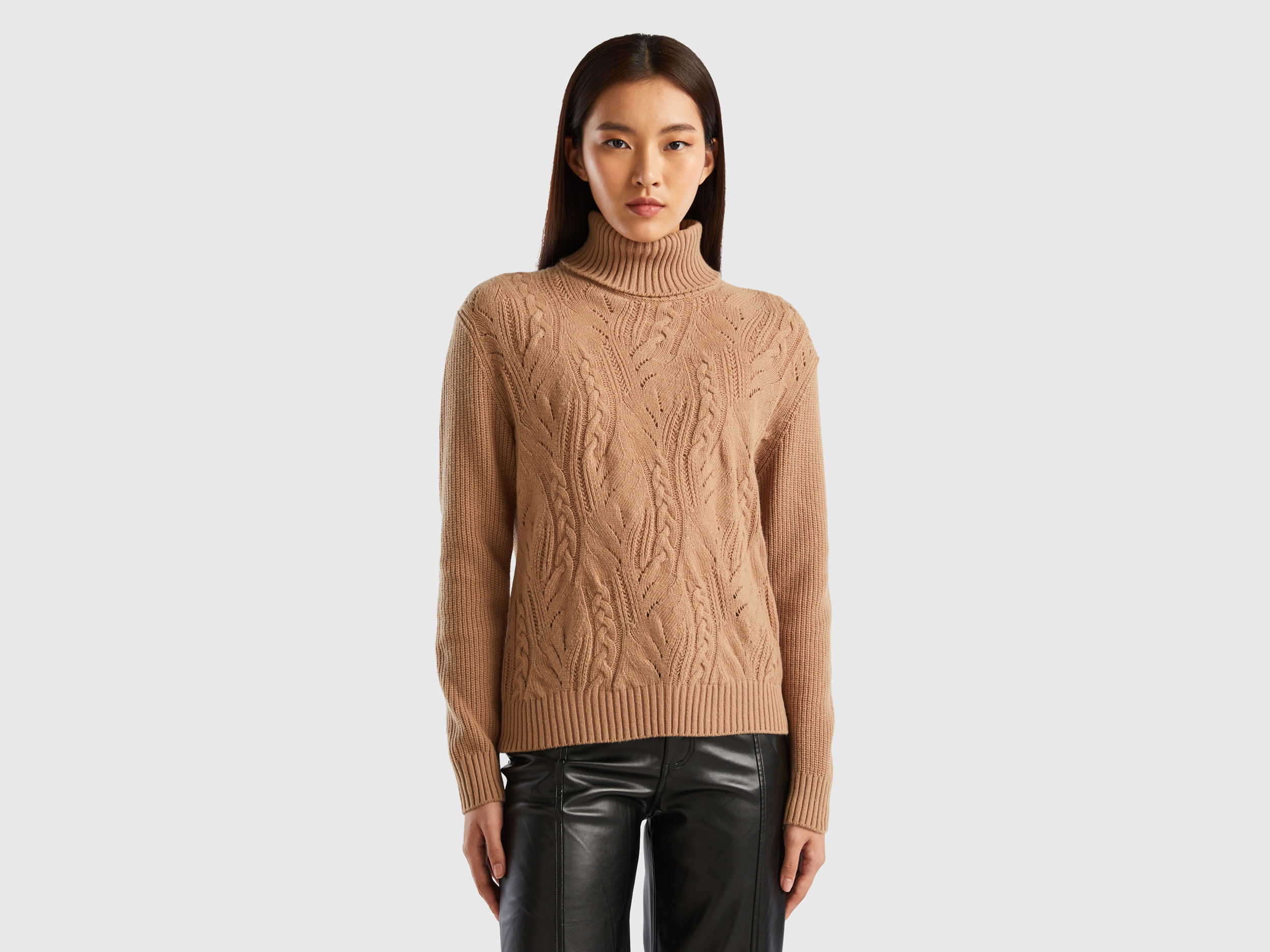 benetton, knit turtle neck sweater, size m, camel, women