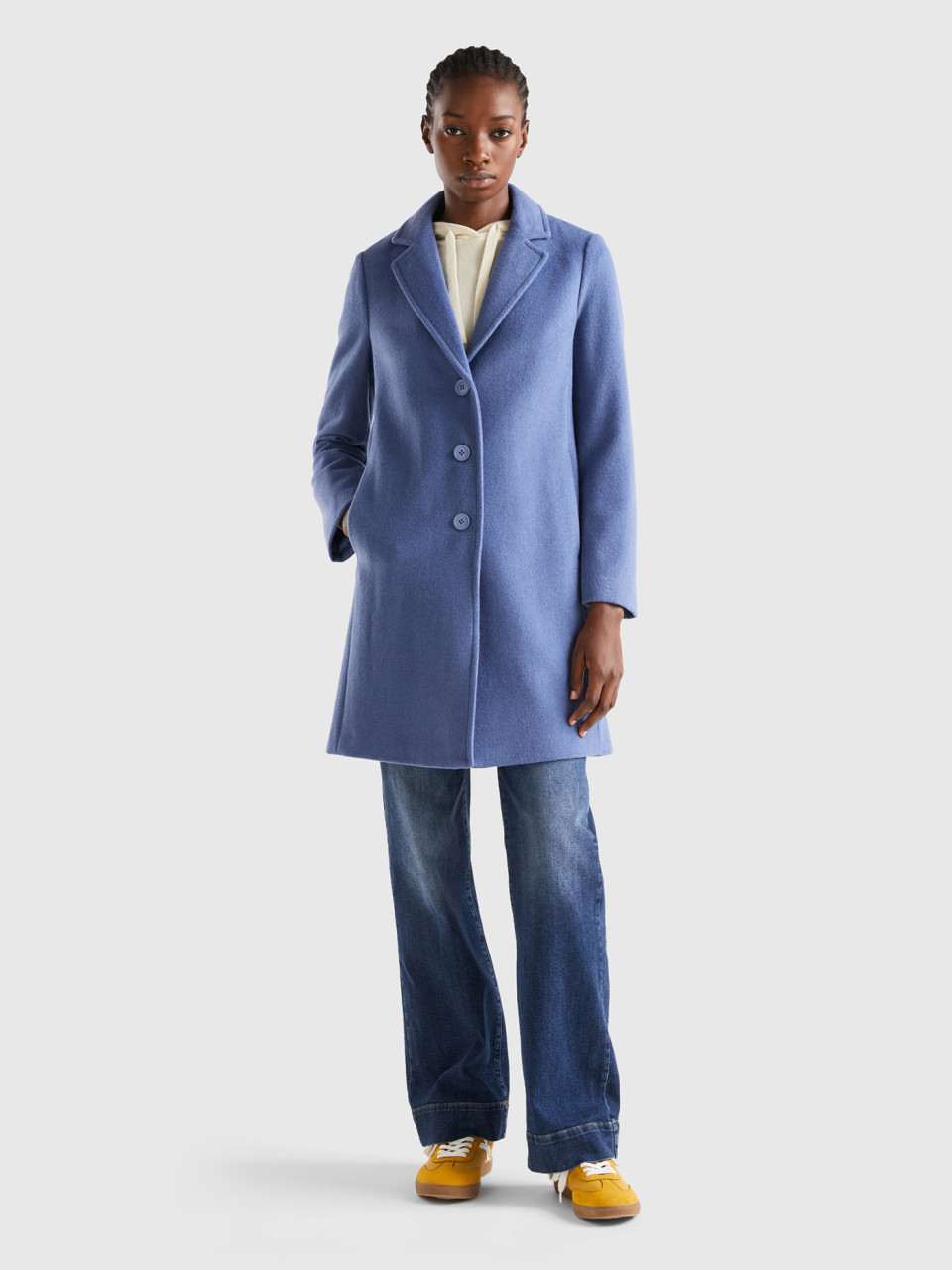Benetton, Short Coat In Wool Blend Cloth, Light Blue, Women