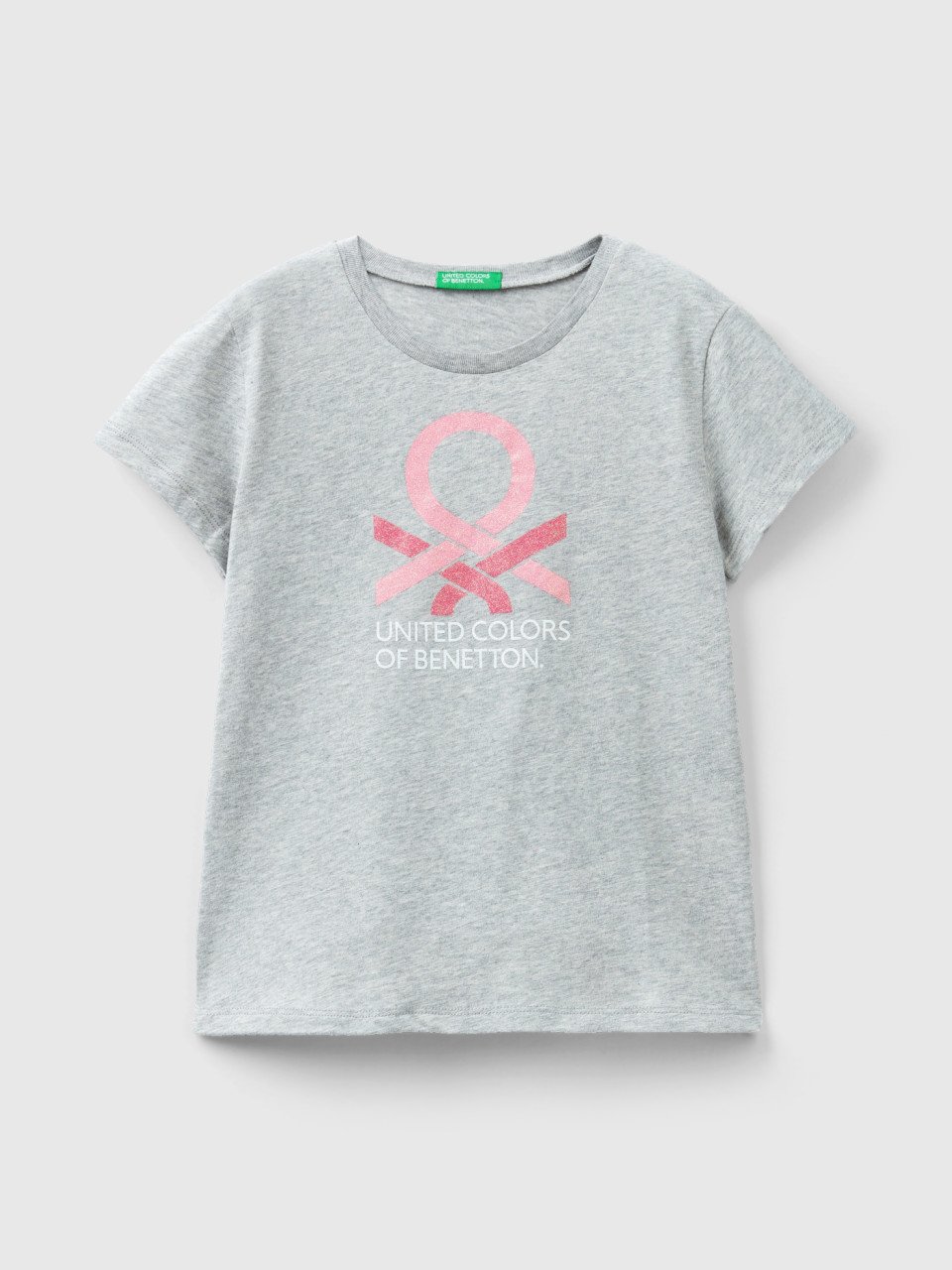 Benetton, T-shirt With Glittery Logo In Organic Cotton, Light Gray, Kids