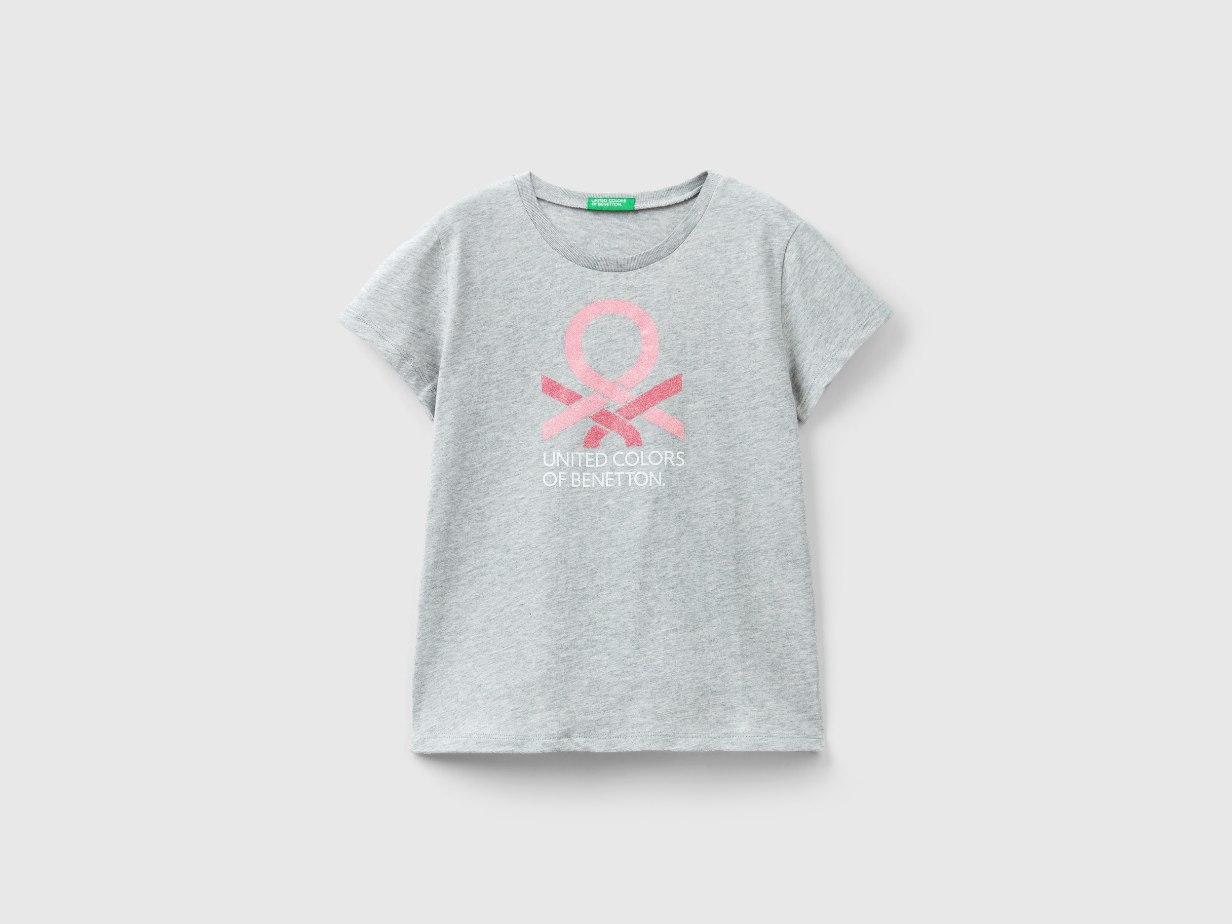 Image of Benetton, T-shirt With Glittery Logo In Organic Cotton, size S, Light Gray, Kids