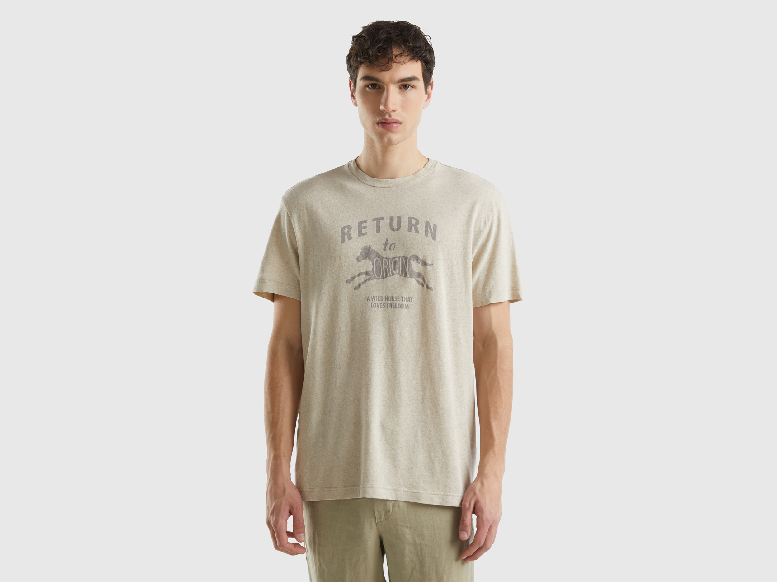 Benetton, Maglietta In Misto Lino, Bianco Panna, Uomo