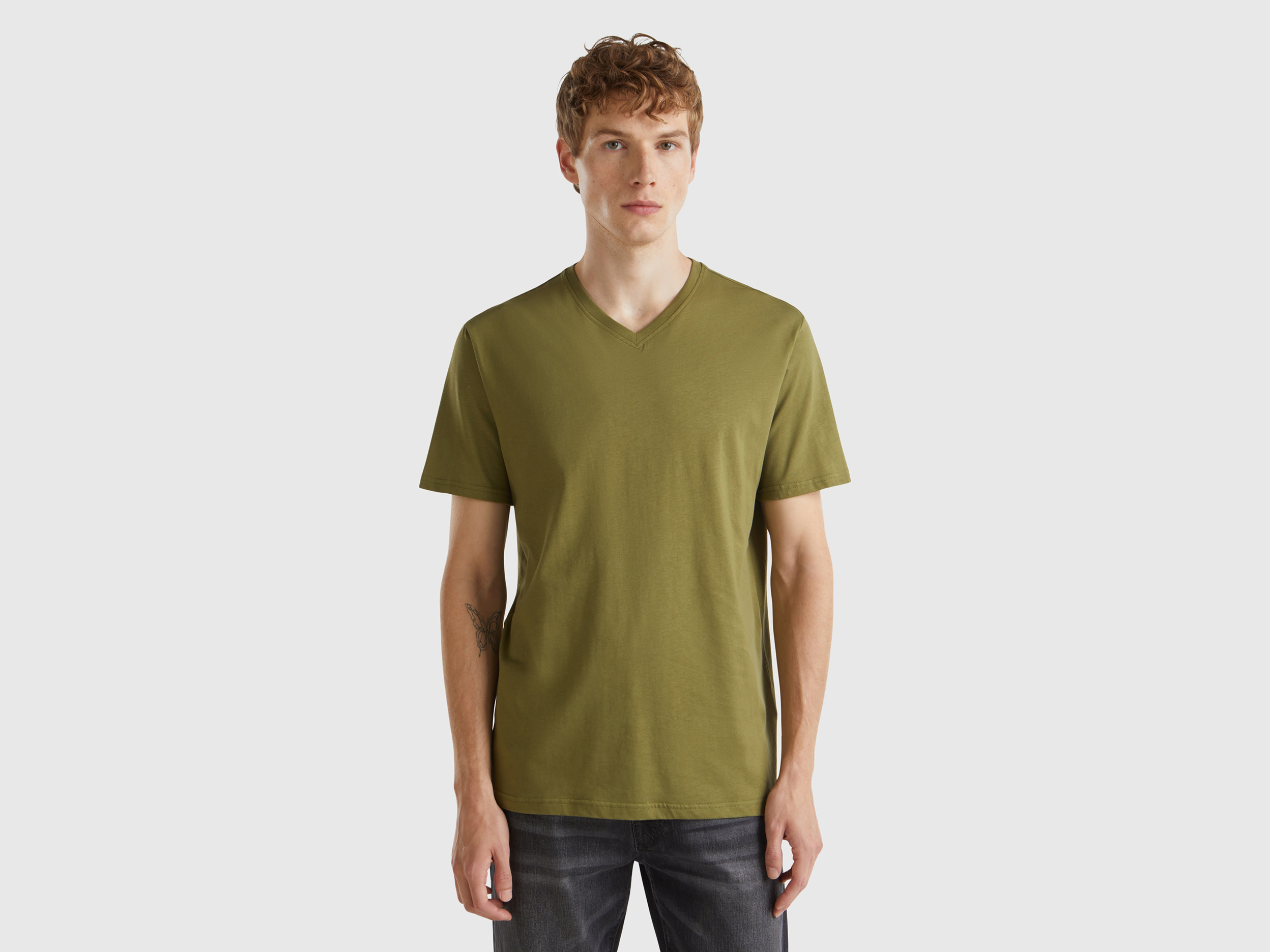 Benetton, T-shirt In Cotone A Fibra Lunga, Verde Militare, Uomo