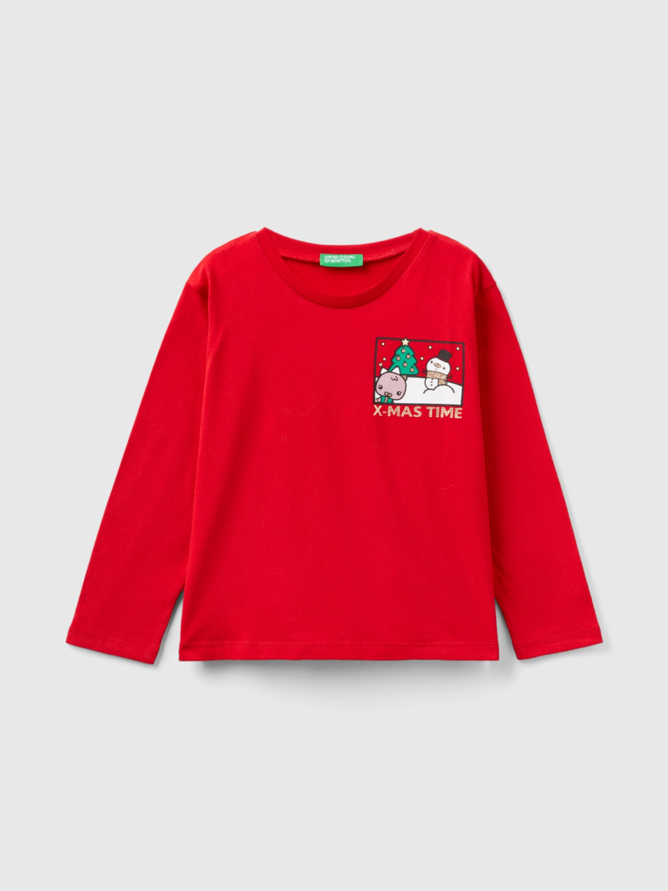 Benetton, T-shirt De Noël En Coton Chaud, Rouge, Enfants