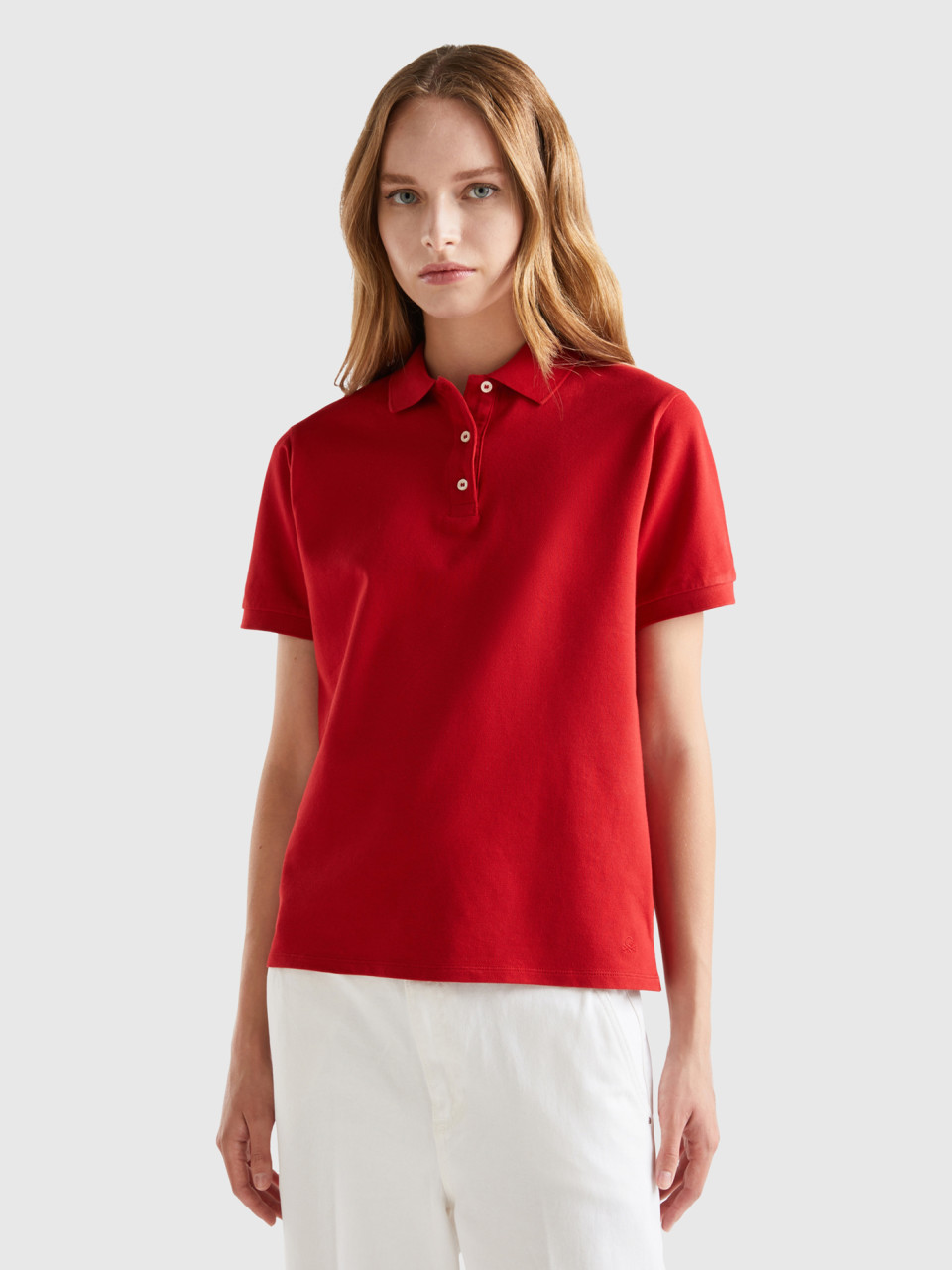 Benetton, Polo In Stretch Organic Cotton, Red, Women