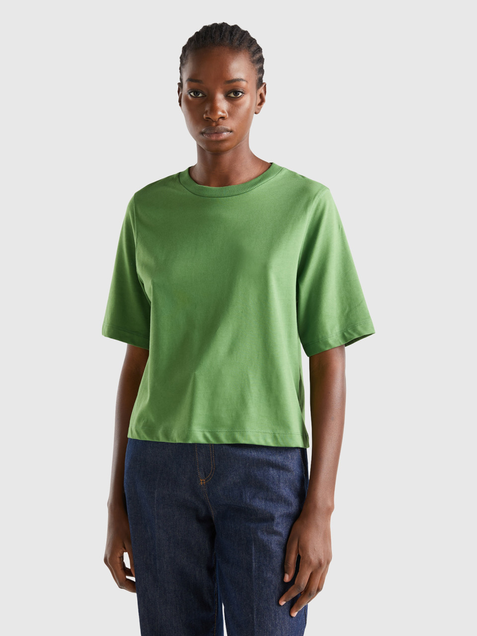 Benetton, T-shirt Boxy Fit 100% Cotone, Verde Militare, Donna
