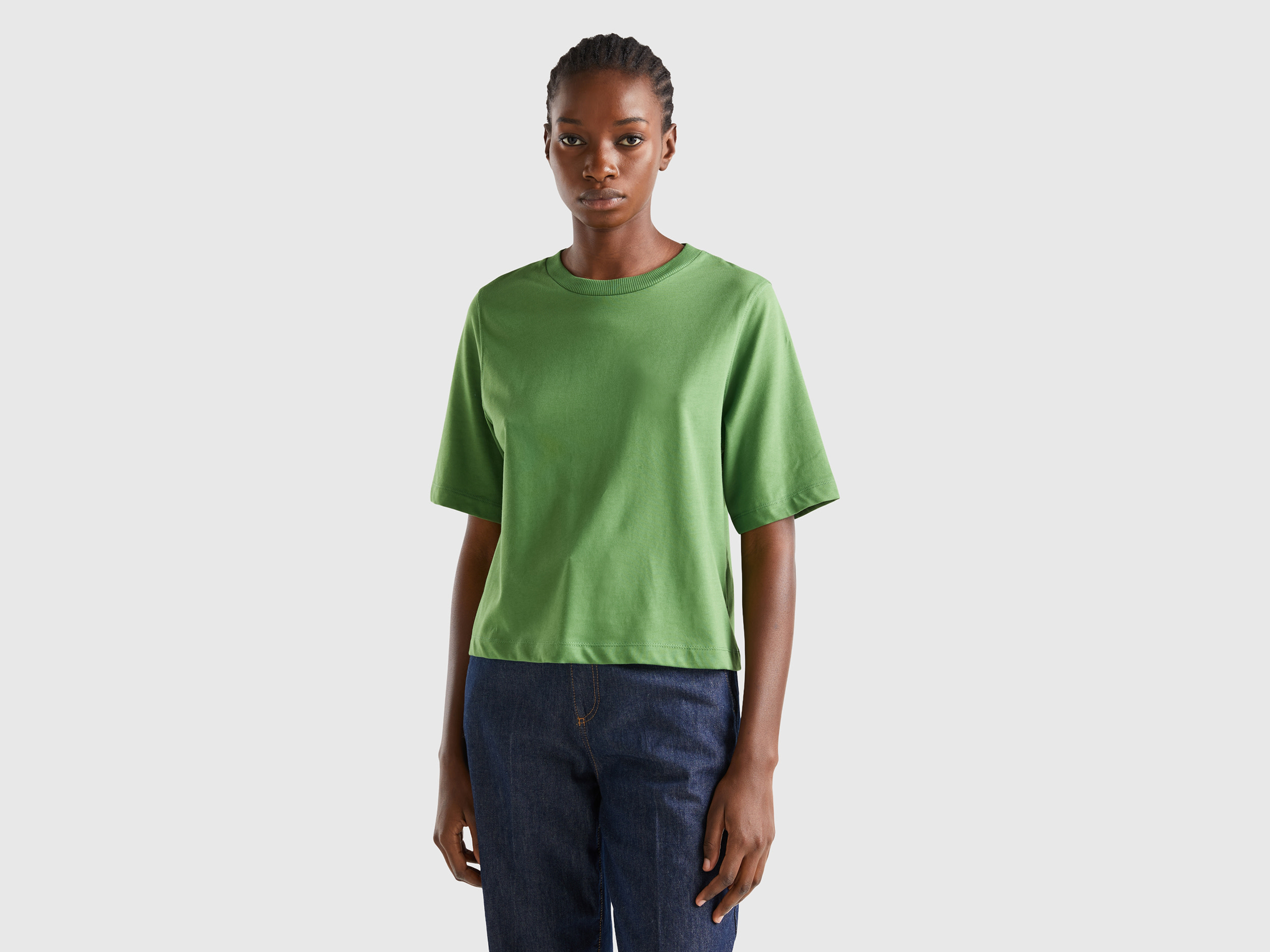 Benetton, 100% Cotton Boxy Fit T-shirt, size XXS, Military Green, Women