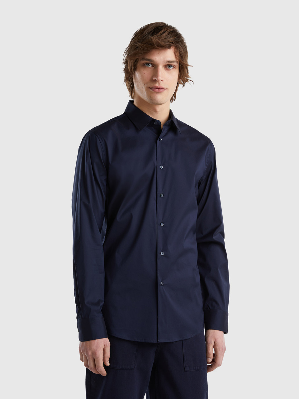 Benetton, Solid Color Slim Fit Shirt, Dark Blue, Men