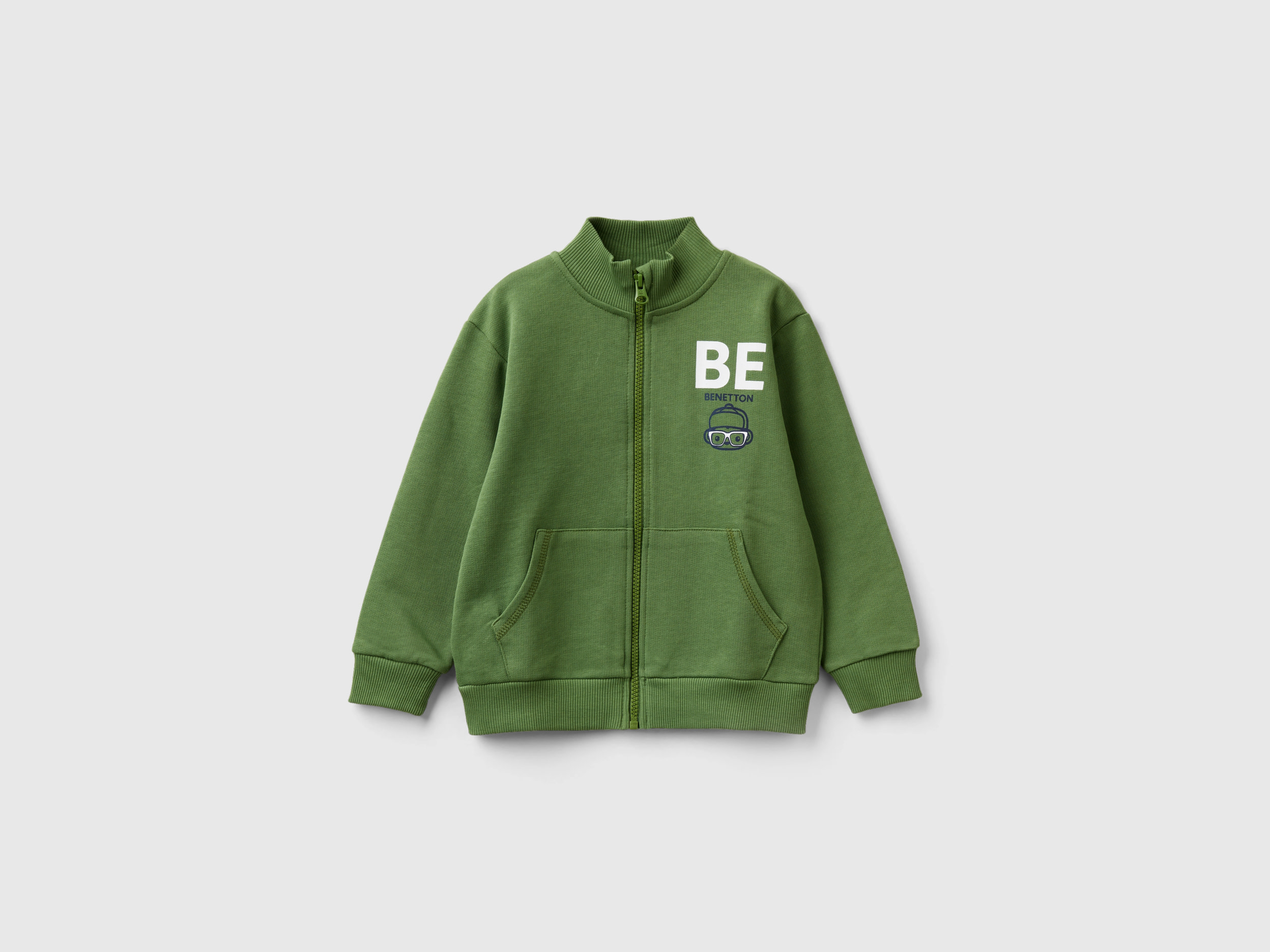 Image of Benetton, Sweatshirt In Organic Cotton With Zip, size 110, Military Green, Kids