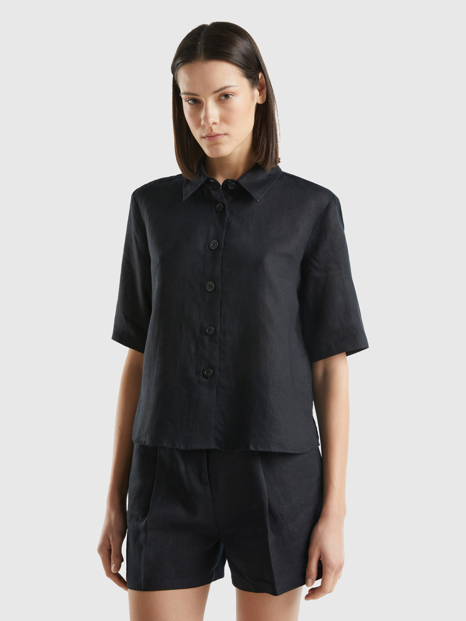 Benetton, Short Shirt In Pure Linen, Black, Women