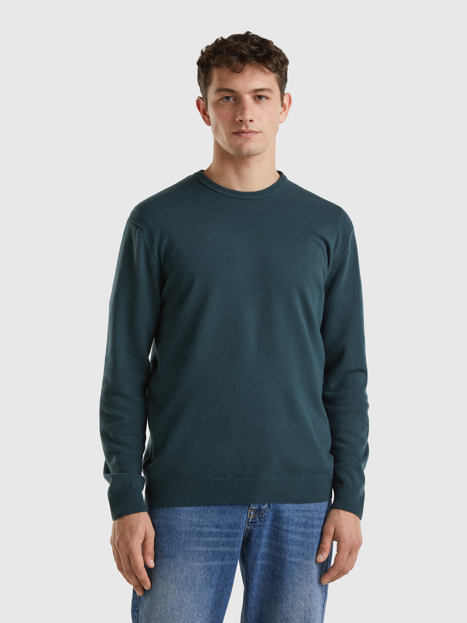 Benetton, Dark Green Crew Neck Sweater In Pure Merino Wool, Dark Green, Men