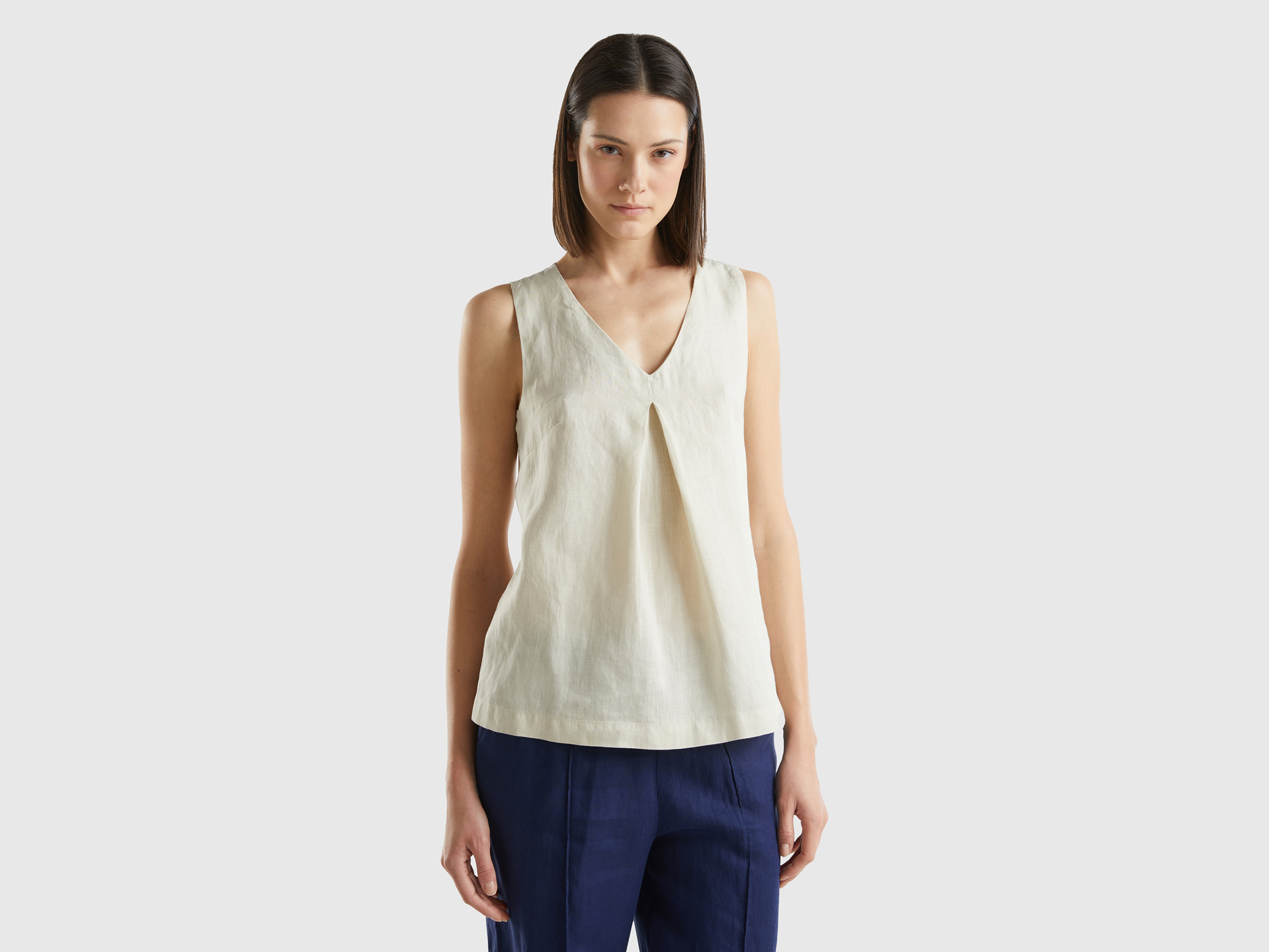 Benetton, Blusa Smanicata In Puro Lino, Beige, Donna