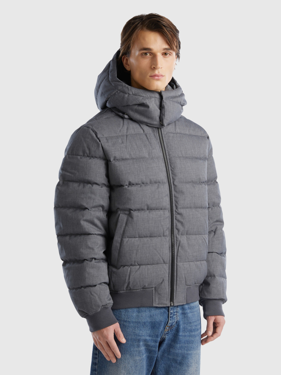Benetton, Short Padded Jacket With Detachable Hood, Gray, Men