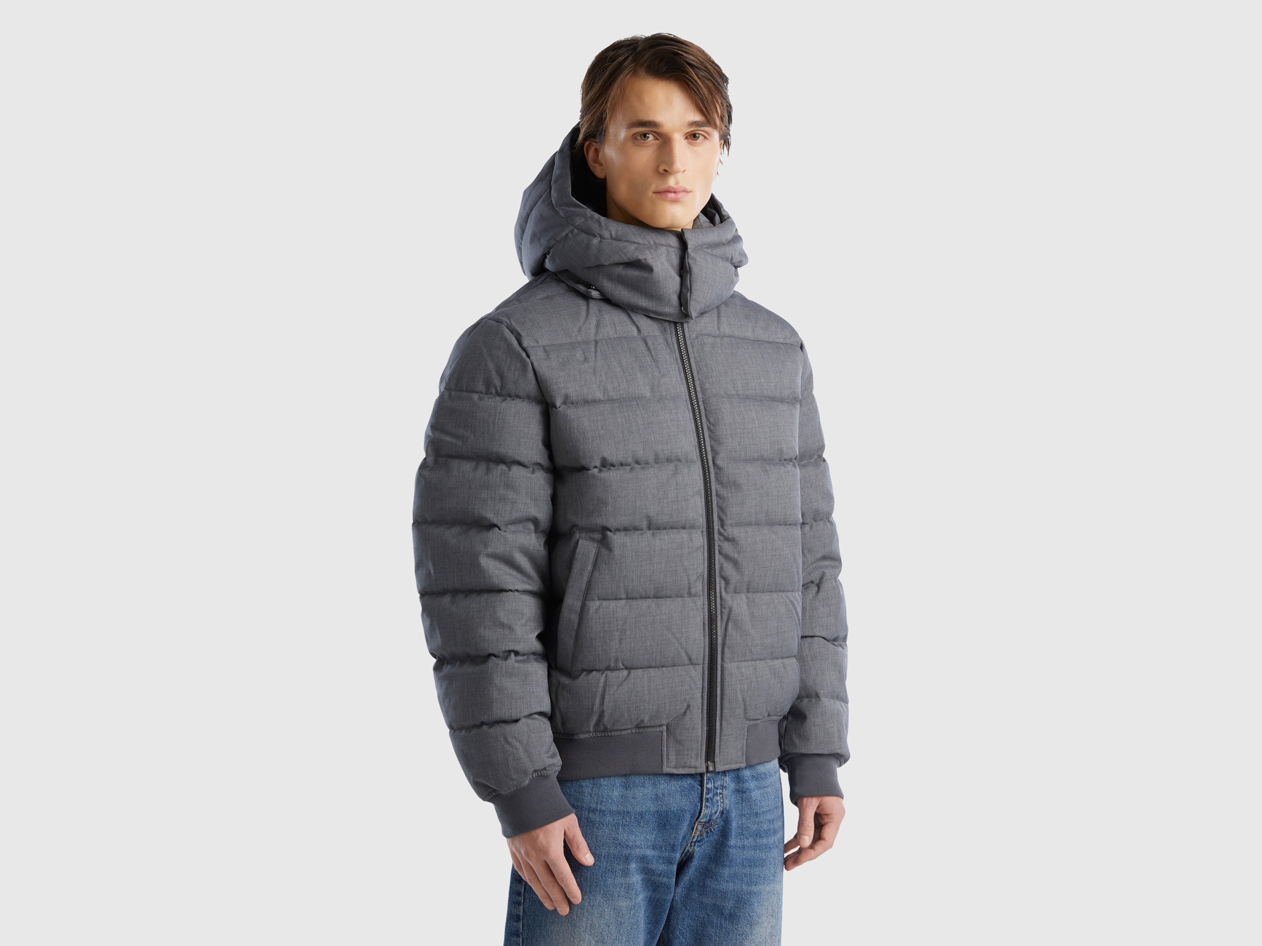 Benetton, Short Padded Jacket With Detachable Hood, size XXL, Gray, Men